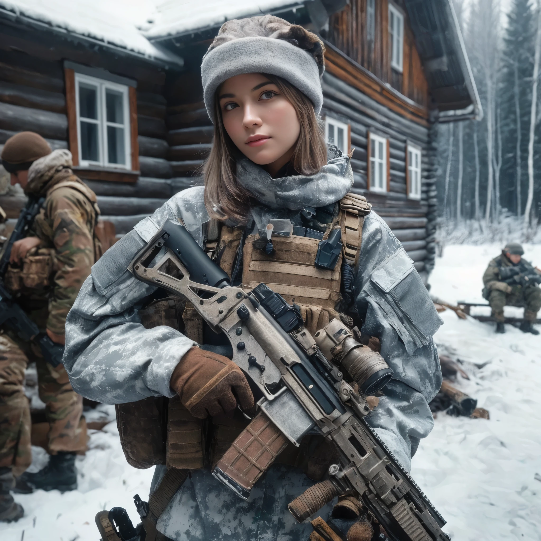 Masterpiece, a 26 years old French female officer in winter camouflaged uniform holding a rifle in front of a group of soldiers, beautiful face, light brown very short hair, hazel eyes arafed woman in winter gear holding a rifle in front of a log house, infantry girl, of a sniper girl in war, soldier girl, beautiful female soldier, ready for combat, military girl, realistic soldiers, with rifle, anna nikonova aka newmilky, mechanized soldier girl, m4 sopmod ii girls frontline, anton fadeev, 16K, ultra high res.photorealistic:1.4, UHD, RAW