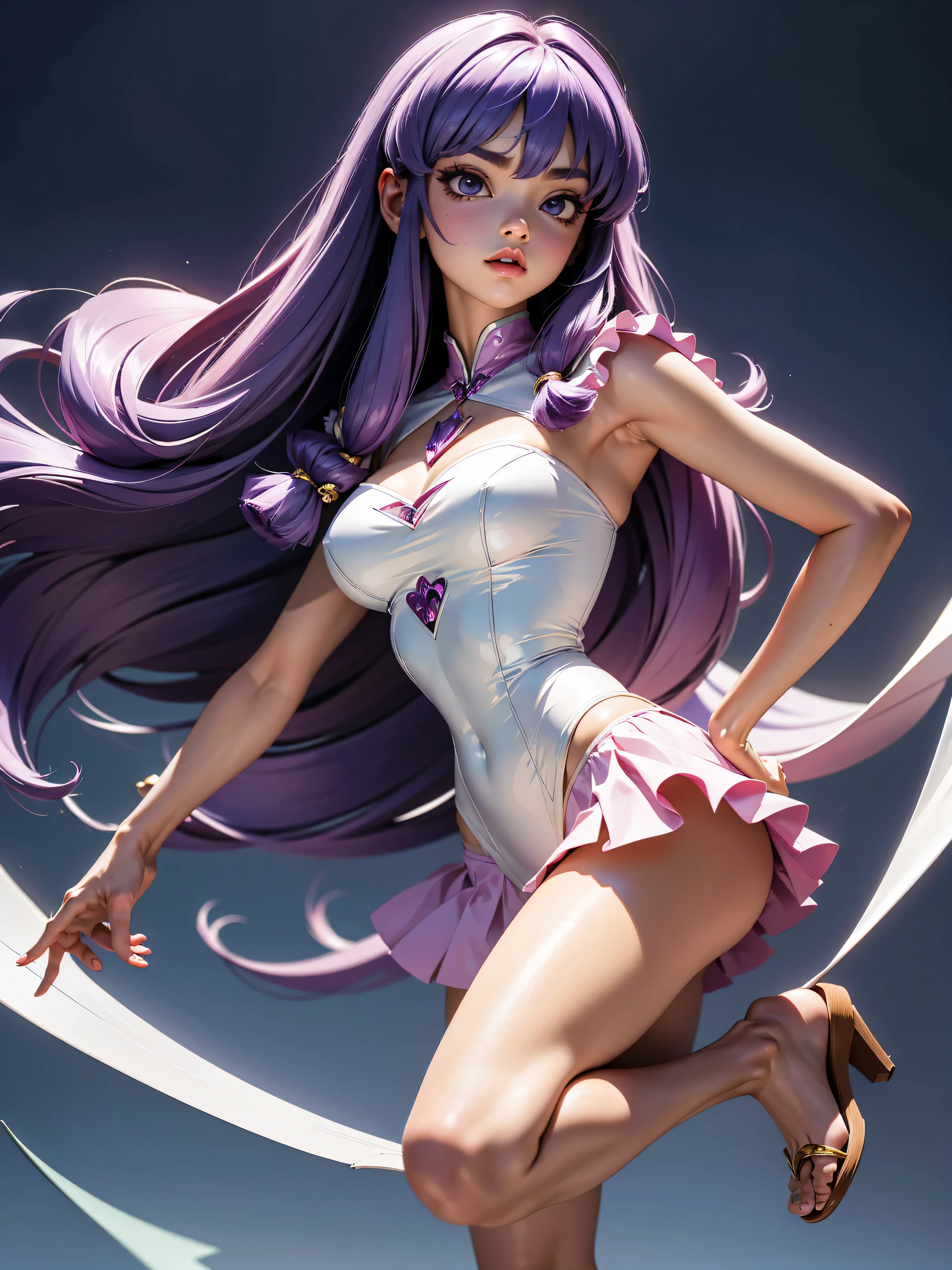 Garota anime de cabelo purple com saia vestido longo purple meio transparente e espartilho, 16 anos, corpo bonito, seios grandes, com hand in panties , hand in cabelo roxo, Garota sensual, cabelo roxo, mechas de cabelo laterais, mechas de cabelo na lateral do rosto, beautiful lighting, sombras suaves, olhos azuis, pernas bonitas, cabelo longo roxo, estilo anime, personagem Shampoo Chan, Autora Rumiko Takahashi, Baseado em obra de Rumiko Takahashi, Anime Ranma 1/ 2, decote sensual, quadril robusto, corpo inteiro, corpo inteiro, busto grande, garota jovem com corpo belo e bonito, sandals on his feet, garota 16 anos jovem, usando saia e corset pink e purple meio transparente, garota anime, estilo anime, beautiful feet in sandals, 45° viewing angle, ao ar livre, peito grande, seios bonitos, cabelo purple, sandals on the feet, pernas bonitas, sensual, belas pernas, Sandalias, seios grandes, corpo completo, corpo inteiro, feet with sandals, anime realista, saia, sarja roxa, personagem realista sensual, postura ereta, ao ar livre, calcinha pink, hand in panties, saia vestido com 50% de opacidade meio translucida