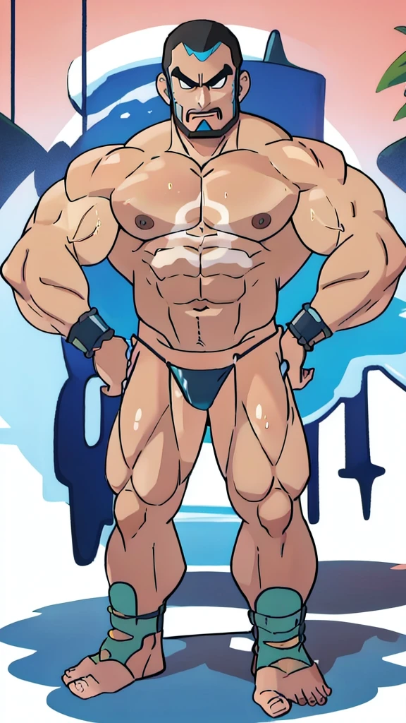 aqua_admin_matt, muscular, nipples, muscular male, abs, Ashamed face ,black vambraces, veins, pectorals, thighs, black eyes, topless male, mustache, (( micro-thong:_Pattern_designs_thongs_perspire_massive pec_Get wet all over your body)) , tail around waist, (best quality, masterpiece) ,underdressing,full body , macho pose