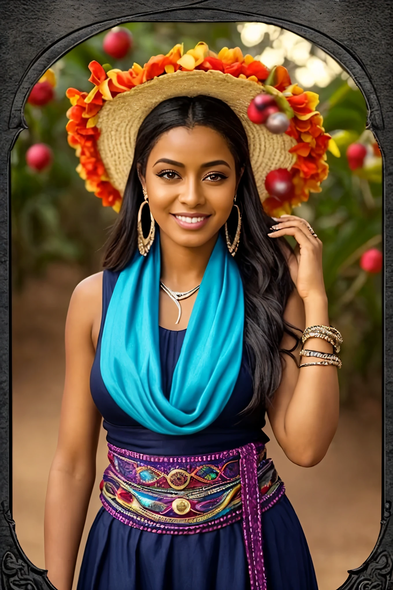 A imagem retrata a Bruxa da Goiabeira como o Louco, An archetype of spontaneity, aventura e liberdade: face expression: A Bruxa da Goiabeira tem um sorriso brilhante e olhos radiantes cheios de curiosidade e entusiasmo, pele clara((pele branca)) e labios rosados. His expression conveys joy and a willingness to explore the unknown. roupa: She wears exuberant and eclectic clothes, refletindo sua natureza livre e despreocupada. Pode ser um vestido colorido com estampas vibrantes, combined with accessories such as scarves, colares ou pulseiras coloridas. magical accessories: The Witch of Guava carries with her a small bag or backpack with magical objects, as potions, Crystals or Tarot. These items represent your connection to the spirit world and your search for wisdom. Postura e movimento: She's in a position of movement, with one foot in the air, prestes a dar um passo adiante. His posture is relaxed and relaxed, mostrando sua coragem em enfrentar o desconhecido. Symbolic Background: The backdrop may include elements of nature, like trees, mountains or an open sky, ressaltando a liberdade e a aventura que acompanham o Louco. brilhante, cores vivas podem ser usadas para transmitir energia e entusiasmo. Use this description as inspiration to create an image of the Guava Witch on the Tarot card "O Louco". Remember to add your own creativity and artistic style to bring the scene to life and capture the essence of the Fool archetype.
