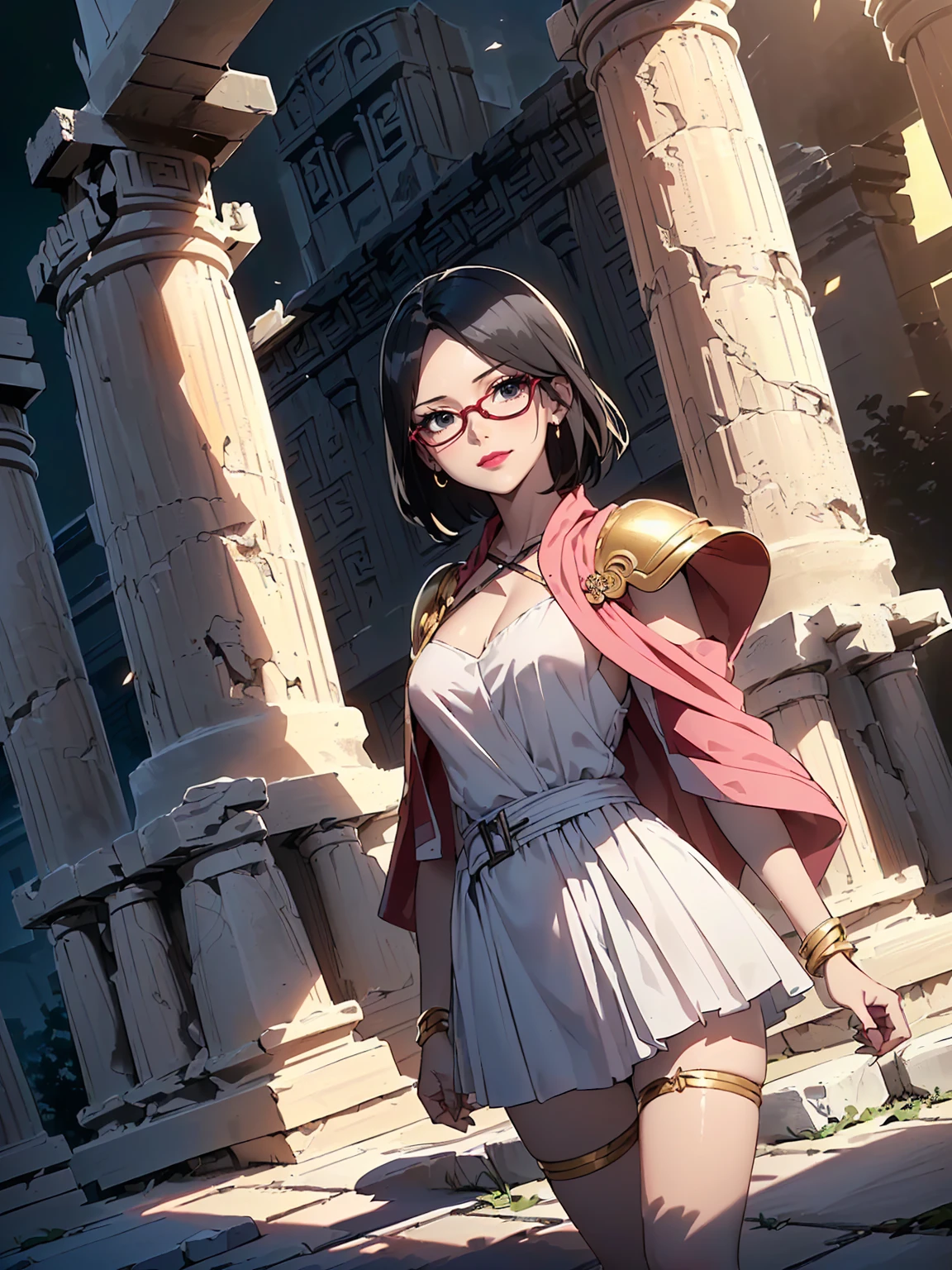 (1girl, solo, alone), (WakatsukiRisa, Sarada Uchiha, black hair, short hair, black eyes, red glasses), ((solo, (1woman, pink lipstick, black eyes), Extremely detailed, ambient soft lighting, 4k, perfect eyes, a perfect face, perfect lighting, a 1girl)), austere, ((((looking at viewer, solo, detailed background, close up, mischievous eyes, (hot summer greek theme:1.1), greek duelist woman, heavy makeup, smirk, mysterious, walking in desert, ((revealing white and gold and sapphire greek robes, armor greek, white short skirts, criss cross straps)), jewelry, minimal armor, white fabric, gold jewelry, precious stones, slim waist, slim hips, legs, ancient (greek temple exterior:1.1) background, dark mysterious lighting, shadows, magical atmosphere, dutch angle))))