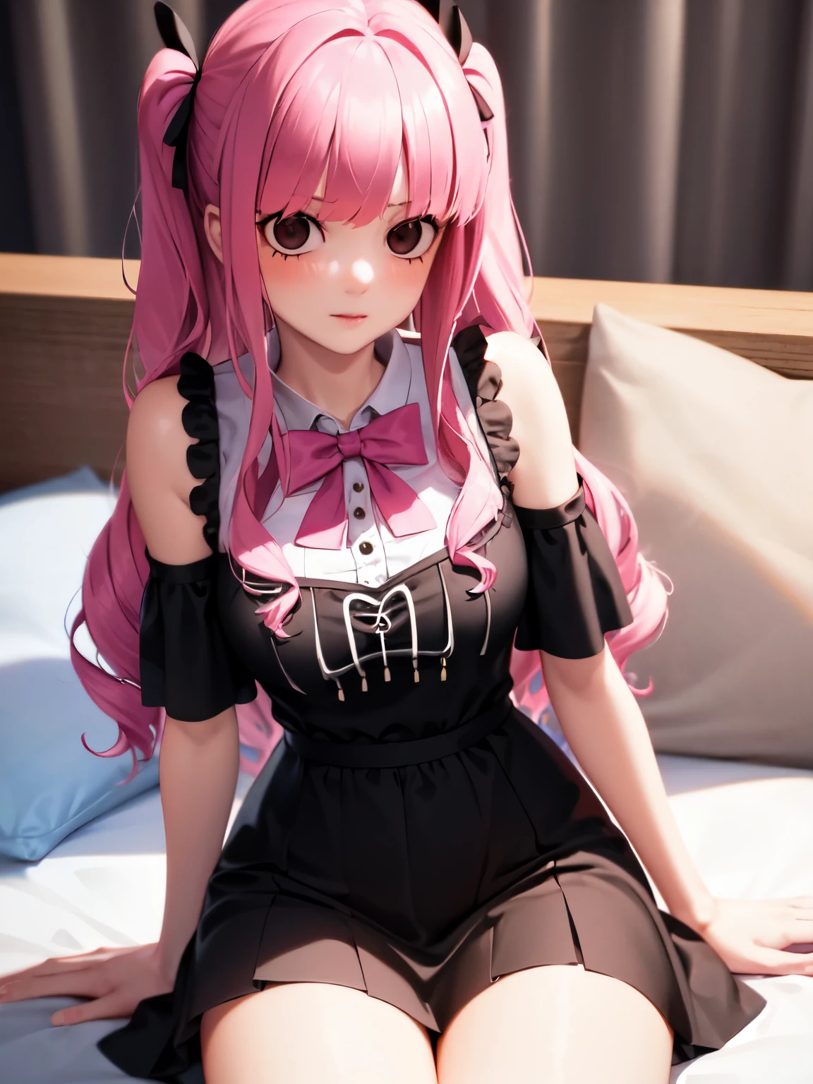 anime - style image of a woman in a black and pink outfit sitting on a bed, seductive anime girl, smooth anime cg art, photorealistic anime girl render, render of a cute 3d anime girl, guweiz, , cute anime waifu in a nice dress, 8k high quality detailed art, 3d anime girl, beautiful anime girl
