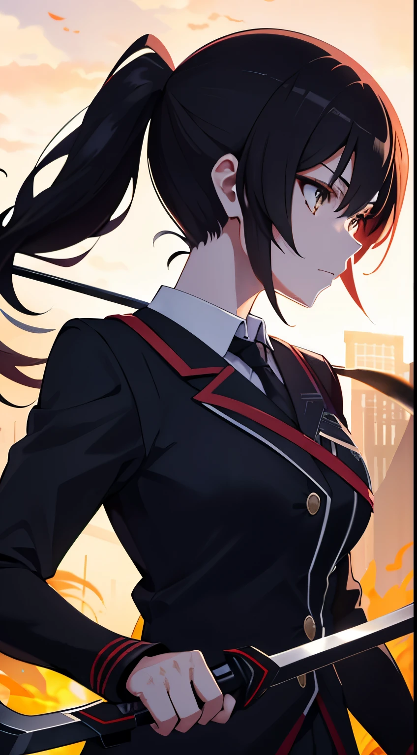 “An epic battle scene between two anime heroes, a warrior girl with red medium ponytail hair and grey eyes wielding a scythe, and another warrior girl with short black hair and yellow eyes casting wielding a demon sword, with dramatic lighting and explosive effects.