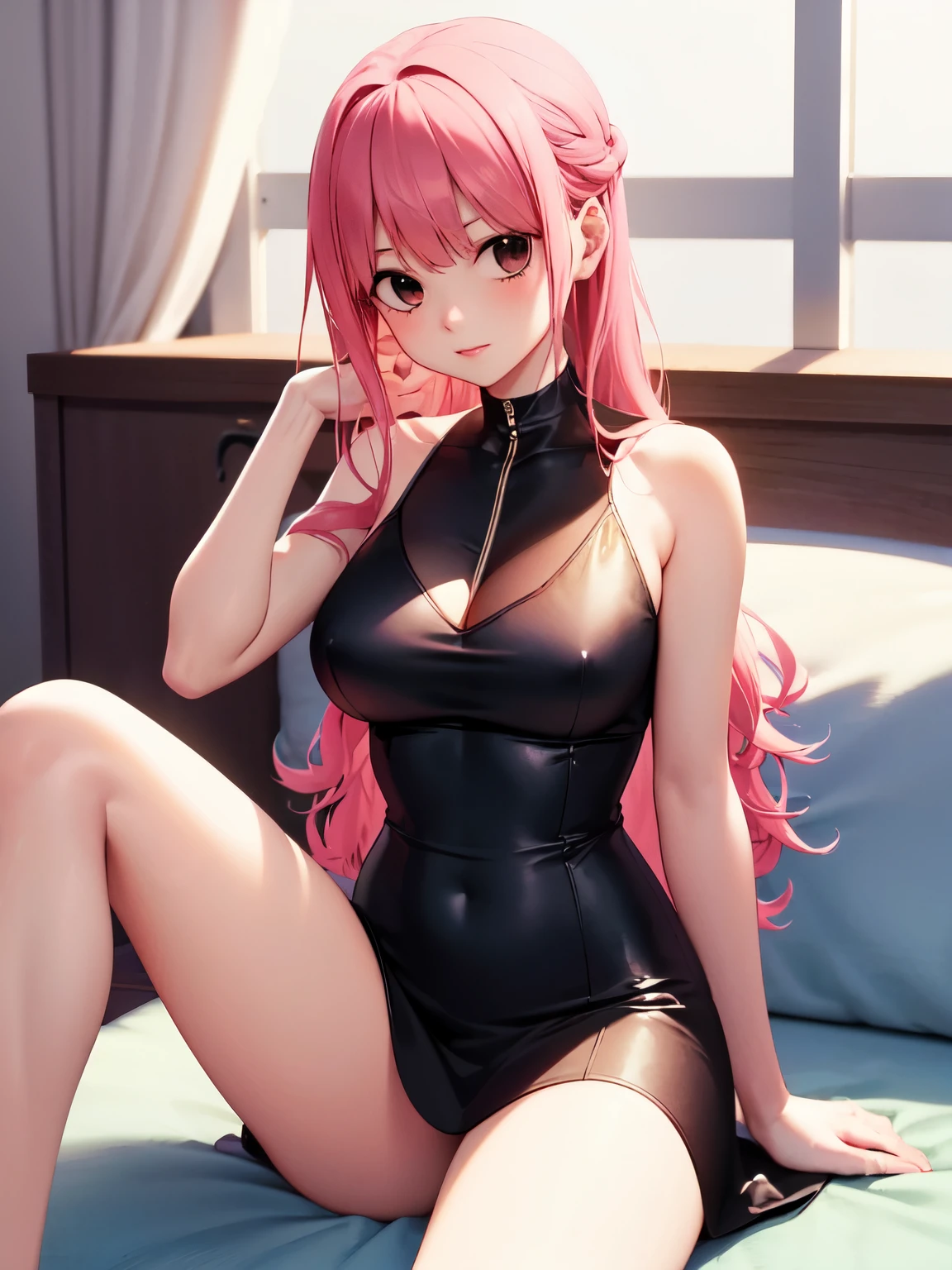 anime - style image of a woman in a black and pink outfit sitting on a bed, seductive anime girl, smooth anime cg art, photorealistic anime girl render, render of a cute 3d anime girl, guweiz, , cute anime waifu in a nice dress, 8k high quality detailed art, 3d anime girl, beautiful anime girl