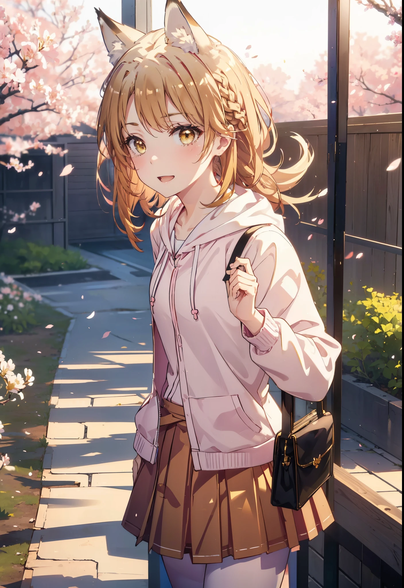 irohaisshiki, iroha isshiki, long hair, brown hair, (brown eyes:1.5), happy smile, smile, open your mouth,short braided hair,ponytail,animal ears　fox ears,animal tail　Fox tail oversized pink hoodie,yellow pleated long skirt,white pantyhose,Mini Boots,walking,Cherry blossom tree-lined path,cherry blossoms are blooming,Cherry blossoms are scattered,noon,look from top to bottom,
break outdoors, garden,
break looking at viewer, Upper body,(cowboy shot:1. 5)
break (masterpiece:1.2), highest quality, High resolution, unity 8k wallpaper, (figure:0.8), (beautiful deしっぽed eyes:1.6), extremely deしっぽed face, perfect lighting, extremely deしっぽed CG, (perfect hands, perfect anatomy),