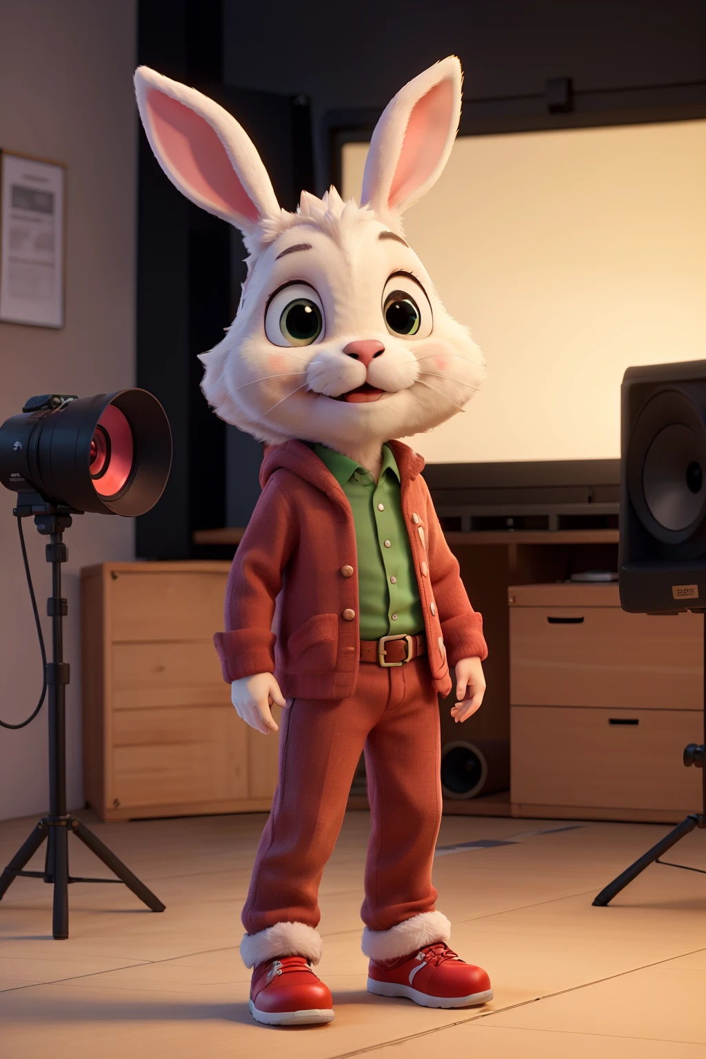 Easter bunny in a red outfit filming with a large video camera in a recording studio,  ((Melhor qualidade)), ((obra de arte)), (detalhado)