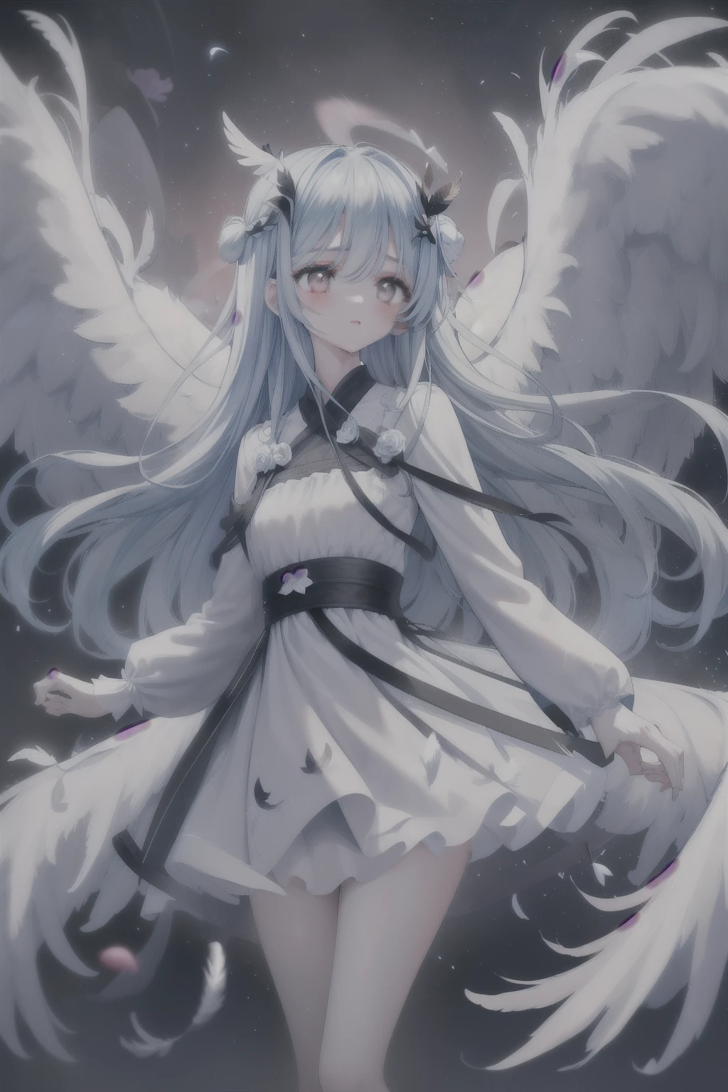 1 girl, alone, light blue long hair、beautiful black-eyed angel girl、 flowers, white dress, 天使の七色のwing、floating hair, wing, particles of light, cloud, rose petals, feathered wing, feather, Wind, starry sky, race trim, race, ribbon, masterpiece, highest quality, very detailed