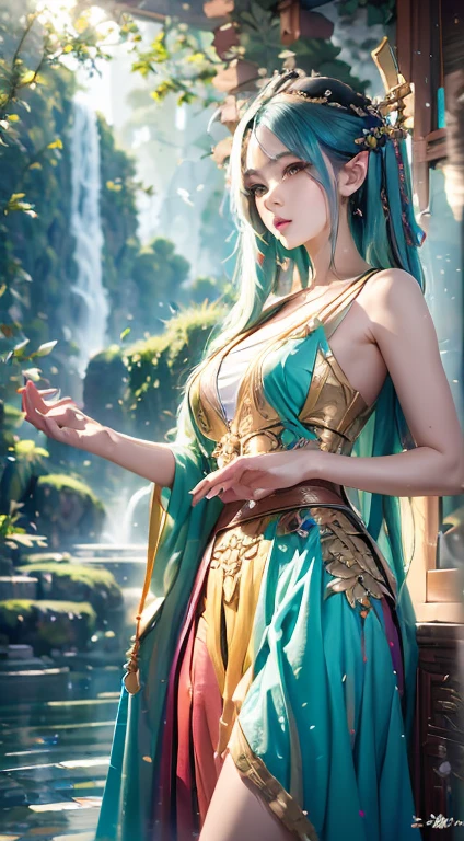 ( Absurd, High quality, Ultra-detailed, Masterpiece, concept-art, smooth, high detail artwork, Hyper-realistic painting , high resolution, paint splatter, colored splashing, Splash of Ink, colored splashing), ((Sweet Chinese girl, Rainbow hair)),elf, Plum elf, plum , Transparent fairy wings, huge tit，low chest，fairytale-like, Romantic, Vivid, Whole body,hand behind back，Malu，largeeyes，（Eye focus），Cosmic eyes，Space eyes，In nature with waterfalls，