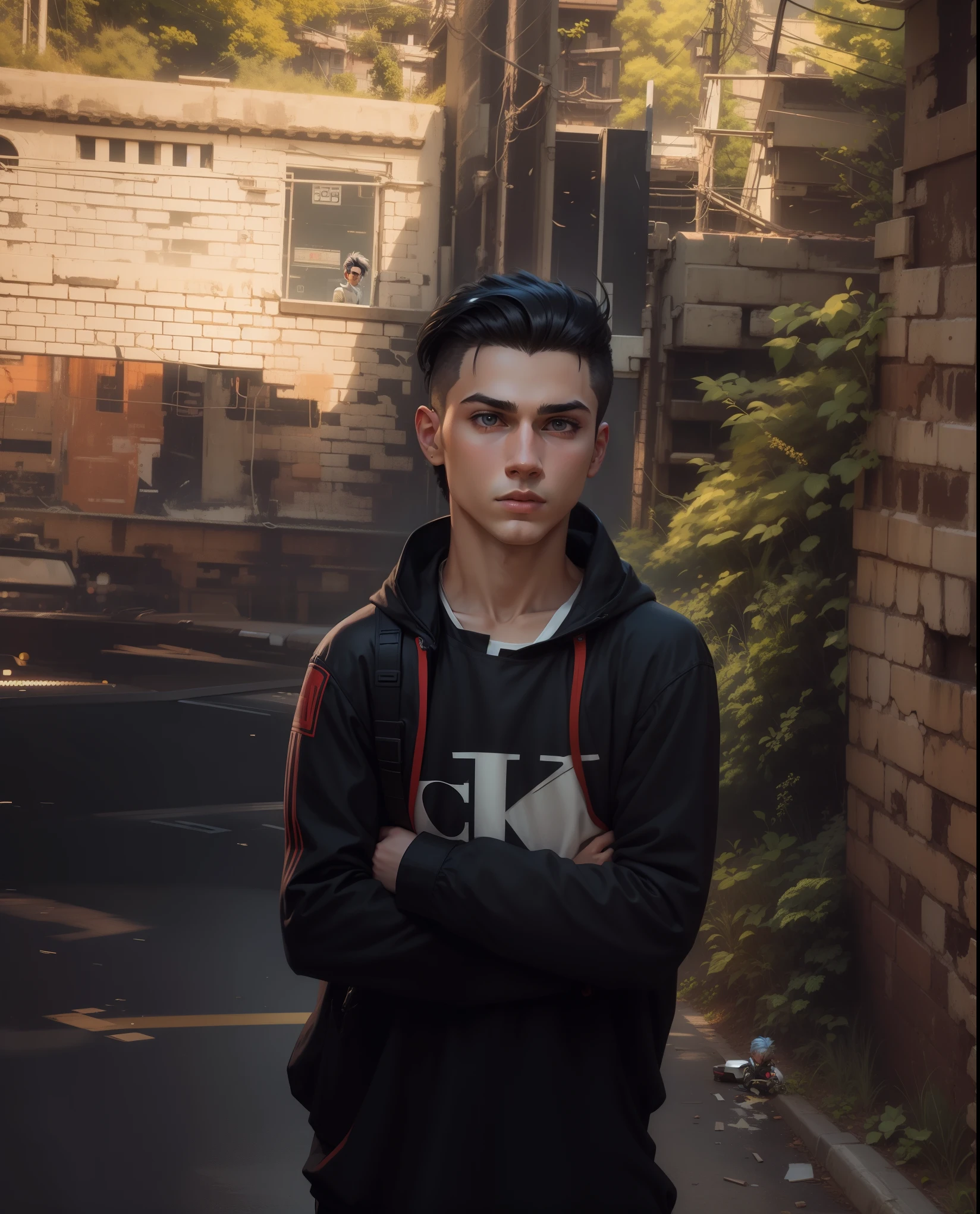 Boy with hair style with car cyber punk background realistic background realistic car realistic hairstyle 8k quality