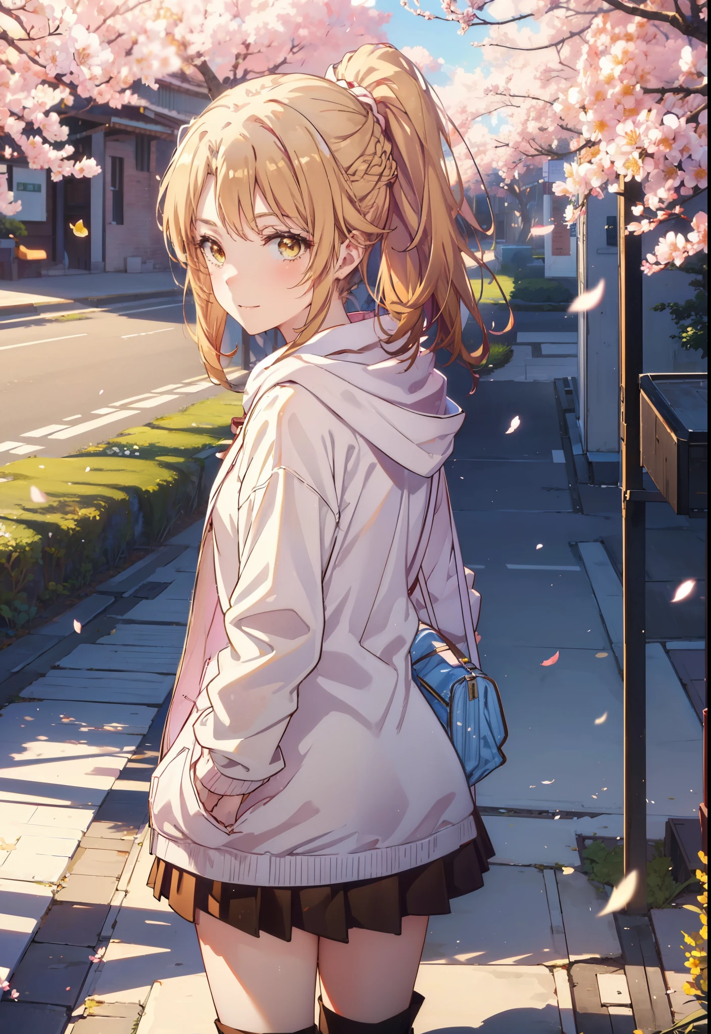 irohaisshiki, iroha isshiki, long hair, brown hair, (brown eyes:1.5), happy smile, smile, open your mouth,short braided hair,ponytail,animal ears　fox ears,animal tail　Fox tail oversized pink hoodie,yellow pleated long skirt,white pantyhose,Mini Boots,walking,Cherry blossom tree-lined path,cherry blossoms are blooming,Cherry blossoms are scattered,noon,look from top to bottom,
break outdoors, garden,
break looking at viewer, Upper body,(cowboy shot:1. 5)
break (masterpiece:1.2), highest quality, High resolution, unity 8k wallpaper, (figure:0.8), (beautiful deしっぽed eyes:1.6), extremely deしっぽed face, perfect lighting, extremely deしっぽed CG, (perfect hands, perfect anatomy),