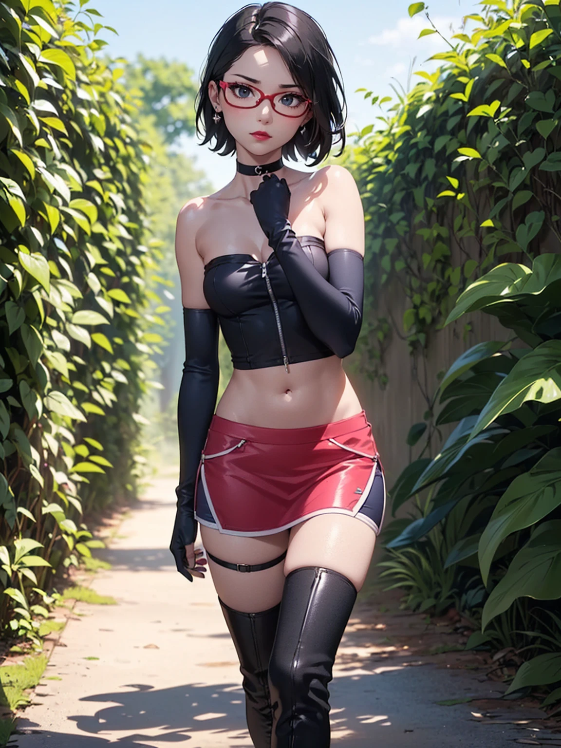 (1girl, solo, alone), (WakatsukiRisa, Sarada Uchiha, black hair, short hair, black eyes, red glasses), ((solo, (1woman, pink lipstick, ((small bust)), black eyes), Extremely detailed, ambient soft lighting, 4k, perfect eyes, a perfect face, perfect lighting, a 1girl)), ((detailed, (masterpiece:1.2), gloves, bow, navel, bare shoulders, closed mouth, standing, collarbone, outdoors, shorts, sleeveless, choker, black gloves, midriff, hand up, stomach, bare arms, short shorts, halterneck, black choker, elbow glove, velvet glove, red shorts, strapless dress, bush maze, bush wall, (half thigh, long stocking)),  high-heeled boots, high-heeled boots, thigh-high boots, thigh and beige skirt, high boots)