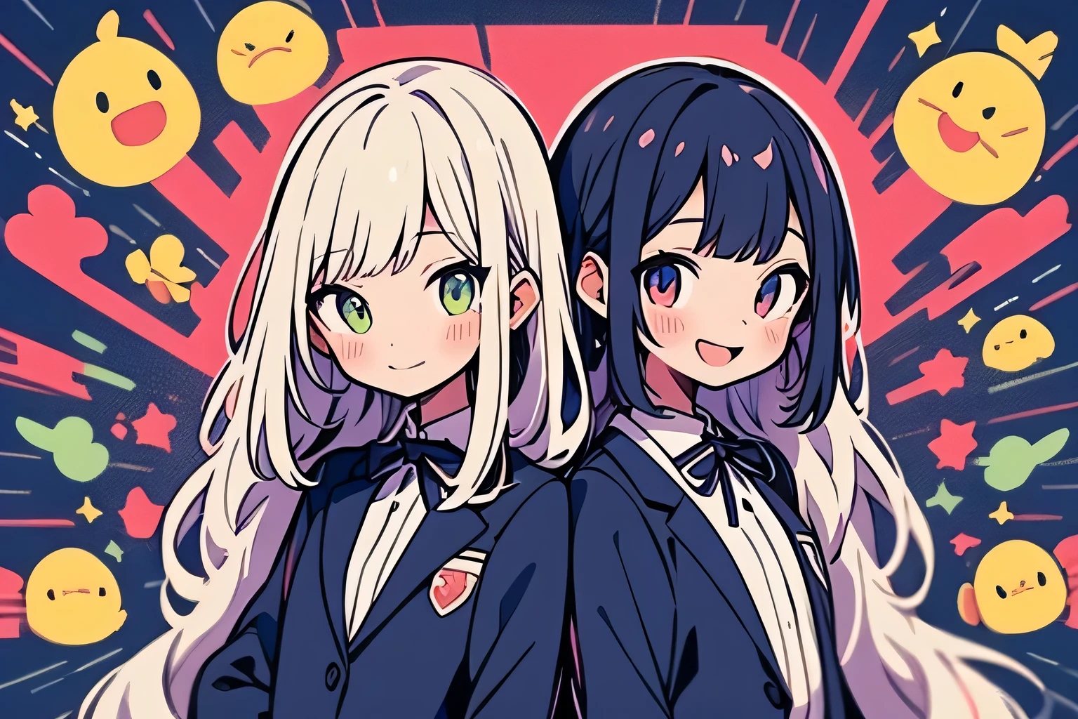 high quality、two girls、back to back、bounce、shining smile、uniform、blazer、ribbon、High level image quality、pretty girl、anime style、classroom、sticker style、colorful hair, positive, Raise your hand