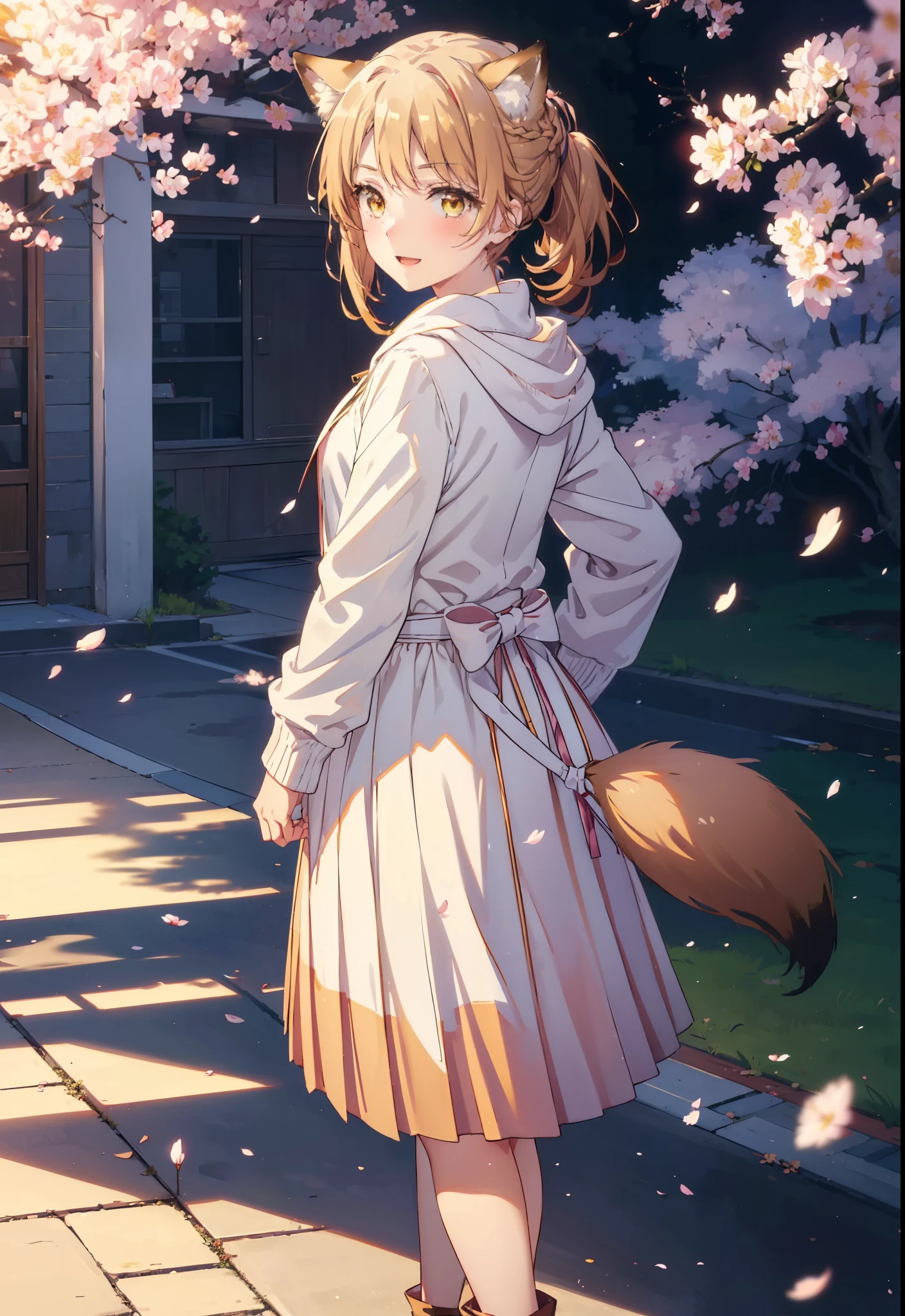 irohaisshiki, iroha isshiki, long hair, brown hair, (brown eyes:1.5), happy smile, smile, open your mouth,short braided hair,ponytail,animal ears　fox ears,animal tail　fox tail,oversized pink hoodie,yellow pleated long skirt,white pantyhose,Mini Boots,walking,Cherry blossom tree-lined path,cherry blossoms are blooming,Cherry blossoms are scattered,noon,look from top to bottom,
break outdoors, garden,
break looking at viewer, Upper body,(cowboy shot:1. 5)
break (masterpiece:1.2), highest quality, High resolution, unity 8k wallpaper, (figure:0.8), (beautiful deしっぽed eyes:1.6), extremely deしっぽed face, perfect lighting, extremely deしっぽed CG, (perfect hands, perfect ???????),
