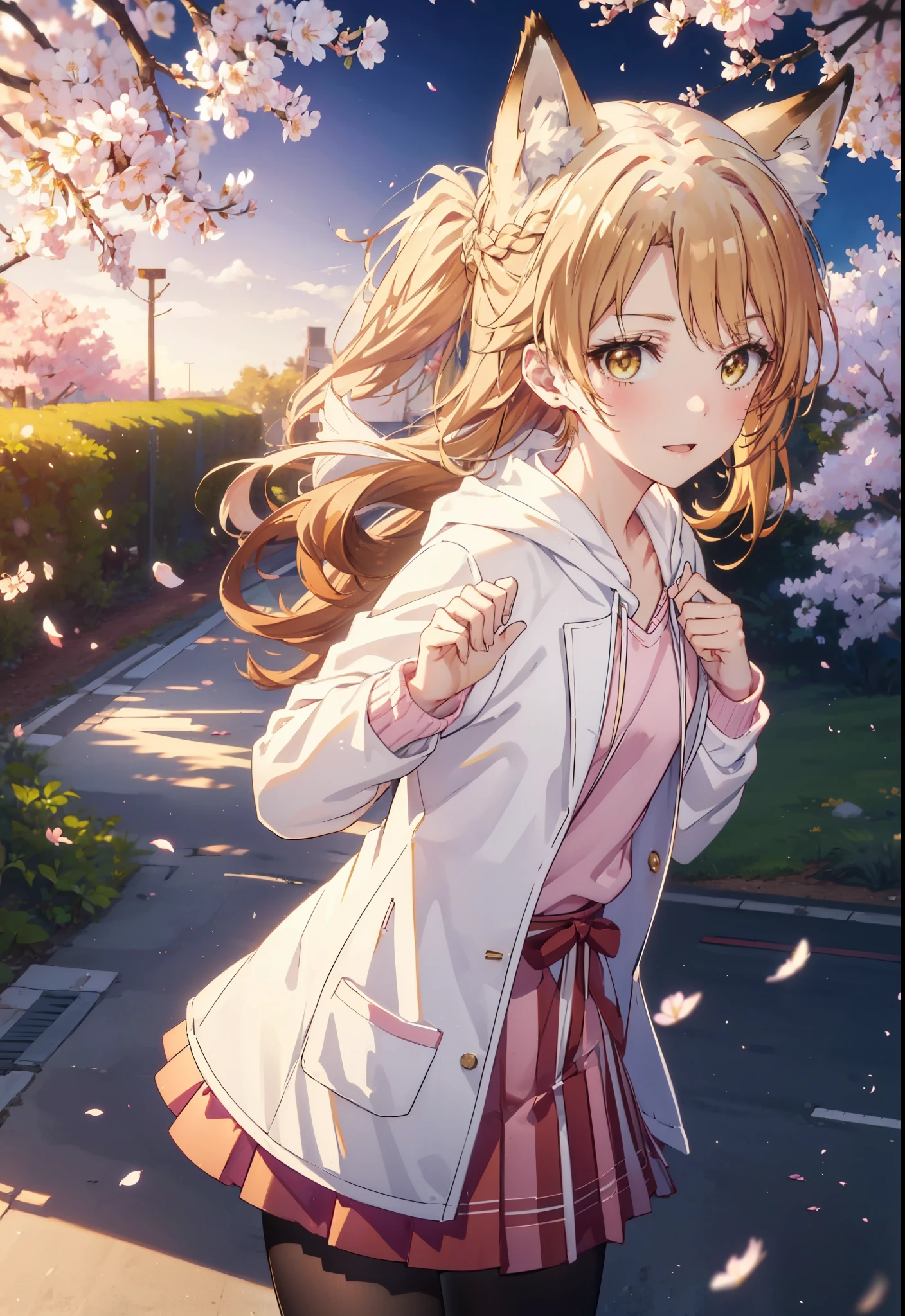 irohaisshiki, iroha isshiki, long hair, brown hair, (brown eyes:1.5), happy smile, smile, open your mouth,short braided hair,ponytail,animal ears fox ears,animal tail fox tail,oversized pink hoodie,yellow pleated long skirt,white pantyhose,Mini Boots,walking,Cherry blossom tree-lined path,cherry blossoms are blooming,Cherry blossoms are scattered,noon,look from top to bottom,
break outdoors, garden,
break looking at viewer, Upper body,(cowboy shot:1. 5)
break (masterpiece:1.2), highest quality, High resolution, unity 8k wallpaper, (figure:0.8), (beautiful deしっぽed eyes:1.6), extremely deしっぽed face, perfect lighting, extremely deしっぽed CG, (perfect hands, perfect anatomy),