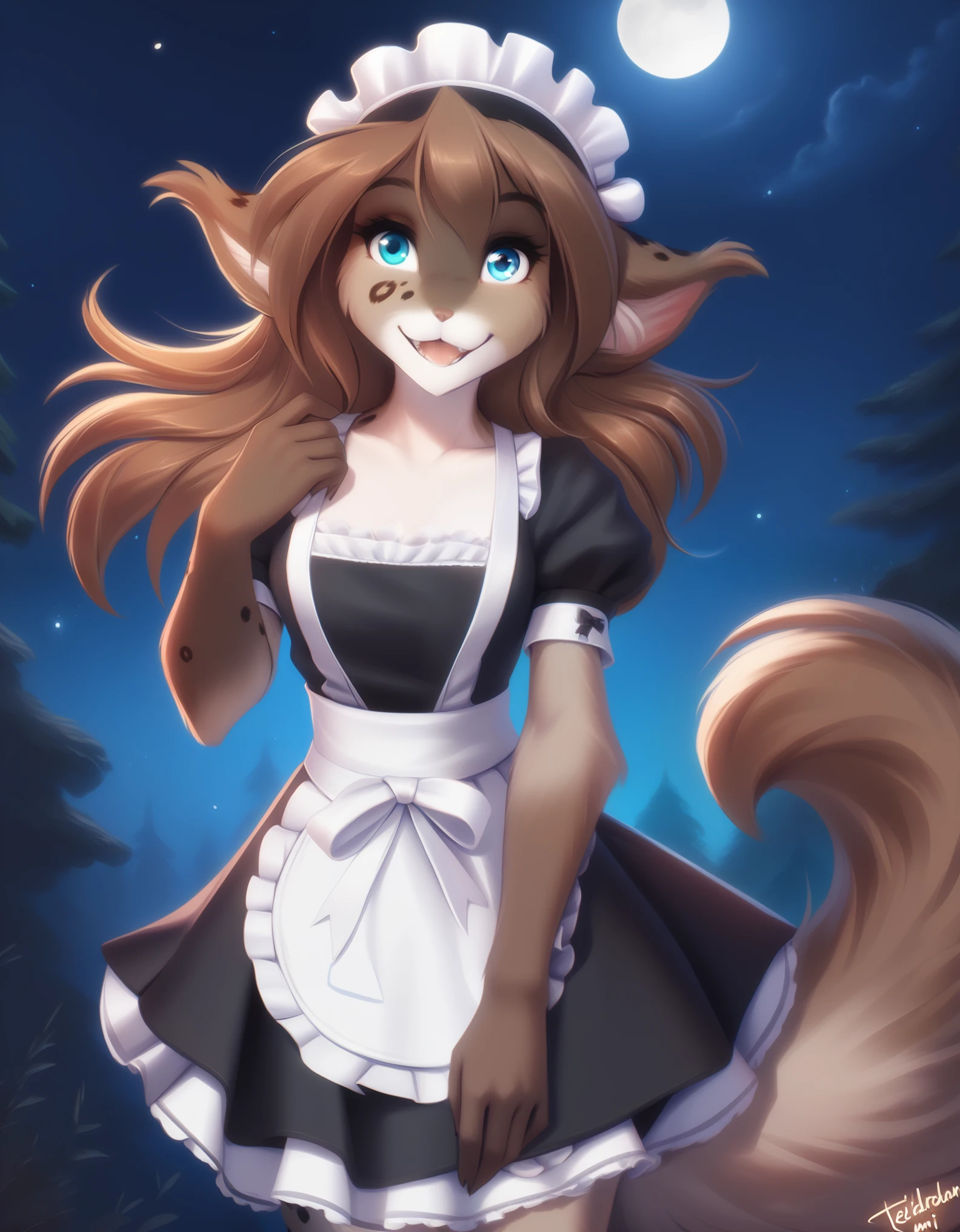 solo, tkkathrin, keidran, mammal, pantherine, kathrin_(twokinds), kathrin_twokinds, twokinds, personalami, rating:safe, anthro, arm_tuft, forest, night, stars, moon, long brown hair, blue eyes, hair ,tail, maid, maid apron