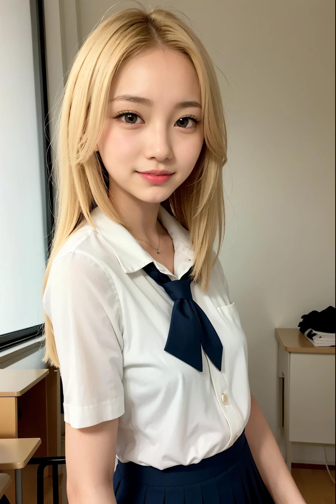 Realistic, masterpiece, highest quality, highest resolution, one Japanese high school girl, 16 years old, breasts are small, upper body photo, Staring at me with narrowed eyes and a smile, smiling with open mouth, Beautiful and detailed eye drawing, droopy eyes, black eyes, thin eyebrows, Carefully draw eyelashes, A little tooth is visible, gal makeup,  (blonde hair, midium hair, middle part:1.3), detailed face, white shirt, Navy blazer and navy pleated skirt, ribbon tie, A was photographed from slightly behind., school classroom