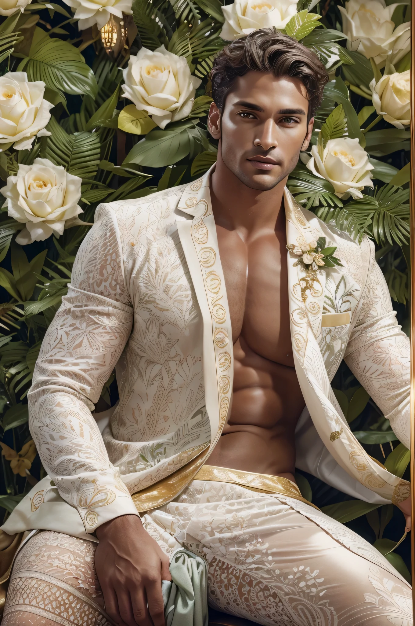 Create a mesmerizing and photorealistic image capturing the essence of Taurus through a handsome male model. Set amidst a tranquil oasis of verdant foliage and blooming flowers, the model exudes sensuality and strength as he lounges amidst the luxurious surroundings. His attire, a skimpy and sexy fusion of earthy tones and opulent fabrics, reflects the Taurus penchant for both comfort and indulgence. Every detail, from the soft play of light filtering through the leaves to the delicate textures of petals beneath his touch, transports viewers into a world of earthly delights and unbridled sensuality, evoking the timeless allure of the zodiac's most indulgent sign.