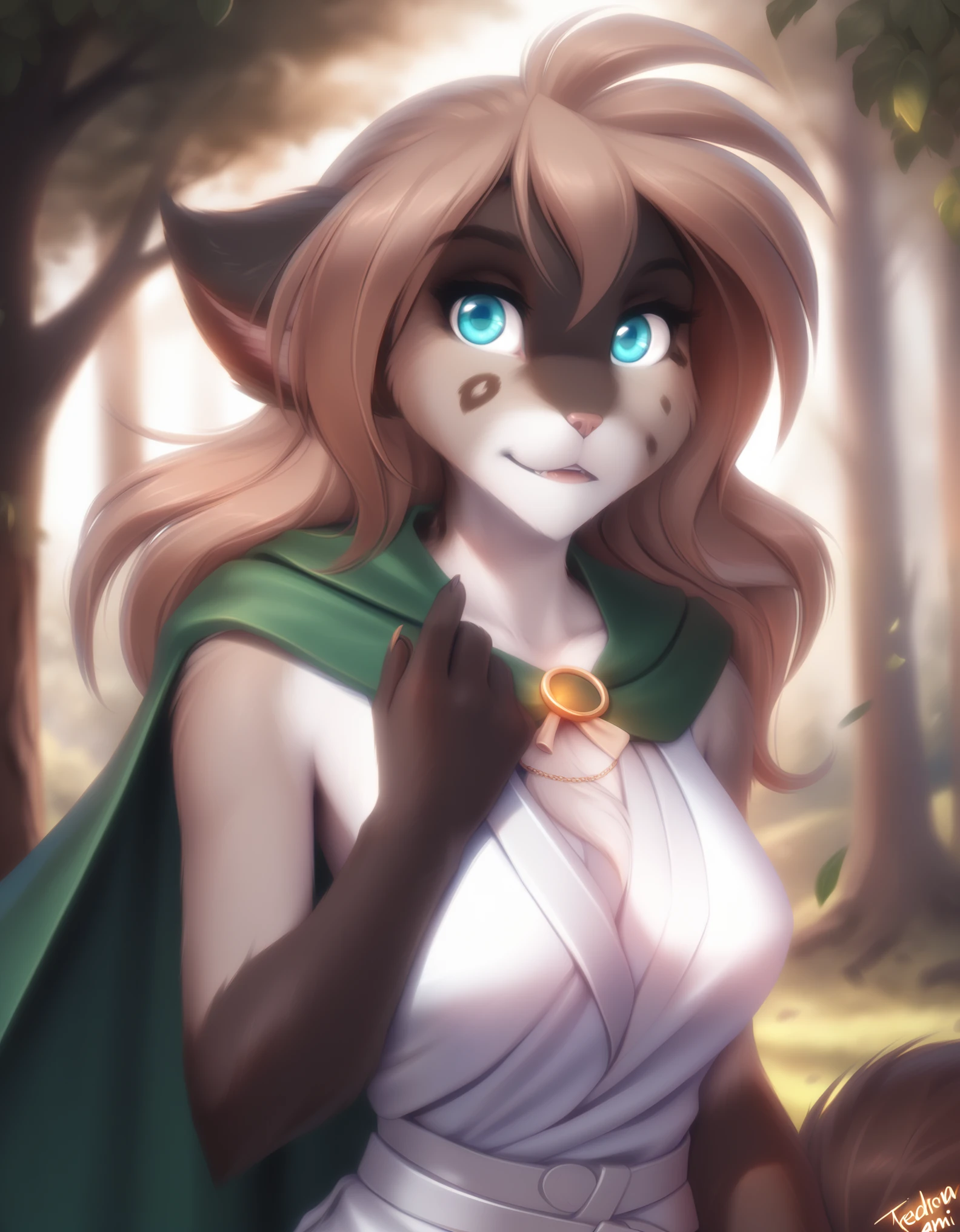 tkkathrin, keidran, mammal, pantherine, kathrin_(twokinds), kathrin_twokinds, twokinds, personalami, rating:safe, anthro, breasts, by tom_fischbach,, (best quality, masterpiece:1), solo, furry female anthro, blue eyes, hair,  portrait, fingers, finger claws, looking at viewer, tail, (outdoors dark forest trees blurry blurred background:1.1), green cape