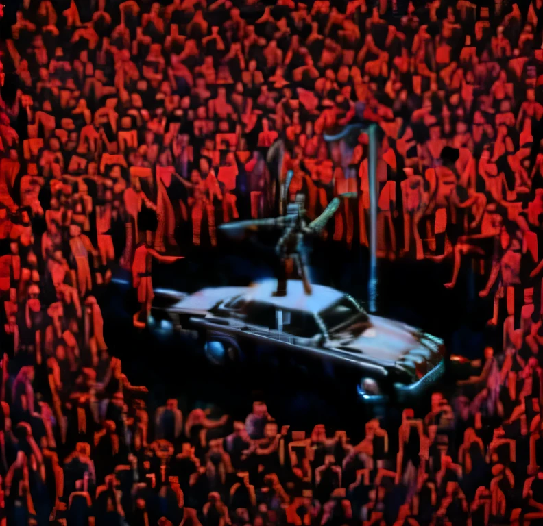 A comic book cover of A Man on a Car at Night. A pole above the two (the man and the car) illuminating. Demons, thousands of demons covered in red cloaks around the car surrounding it on all sides in a circle