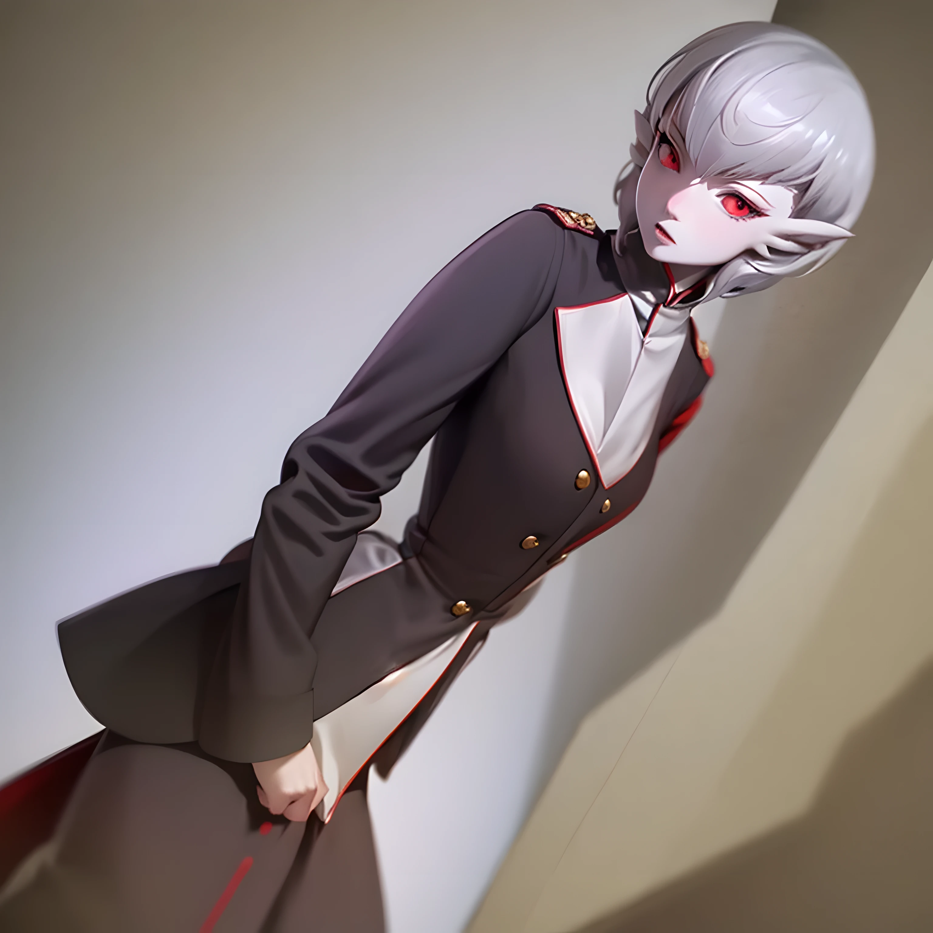masterpiece, best quality, pov, 1 girl, solo, gardevoir, white hair, silver hair, red eyes, white skin, porcelain skin, medium breasts, surprised, military uniform, uhlan tunic,