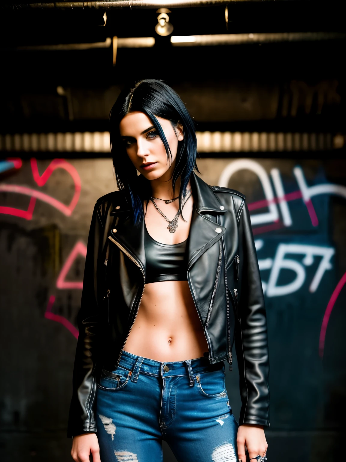 a striking portrayal of a 26-year-old woman with sleek, jet-black hair and piercing blue eyes. She's wearing a bold leather jacket and ripped skinny jeans, exuding rebellious rockstar attitude. Her expression should be defiant and intense, illuminated by the harsh glow of stage lights in a gritty underground music venue. The background should be a dimly lit stage, perhaps adorned with graffiti and band posters. Capture this image with a high-resolution photograph using a 50mm lens to capture the raw energy and edge of underground music culture