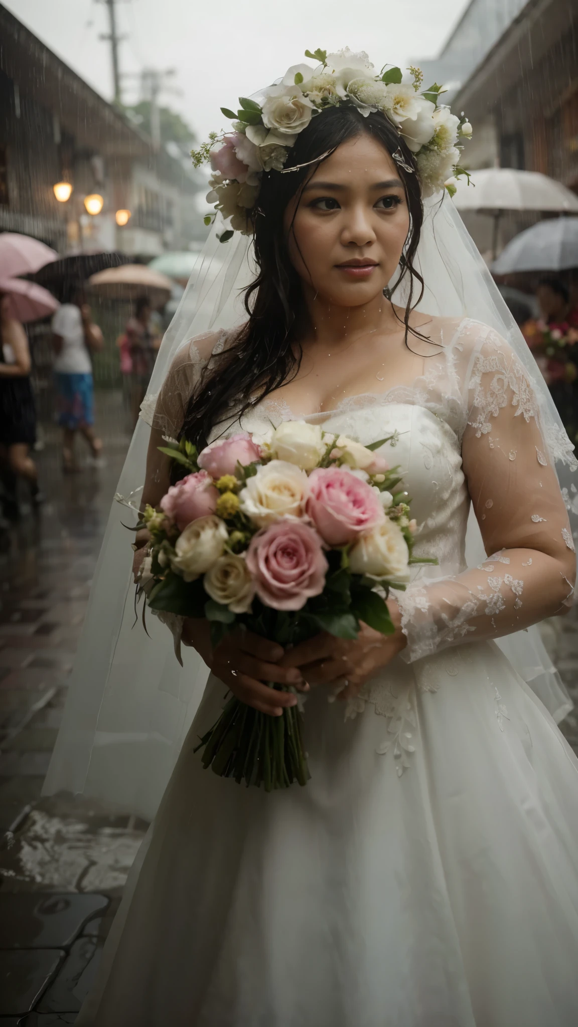 a Malaysian woman, 40 years old, plump, wearing a wedding dress, holding flowers, looks soaking wet, dress looks wet, dancing under heavy rain, rainy atmosphere, sharp focus,