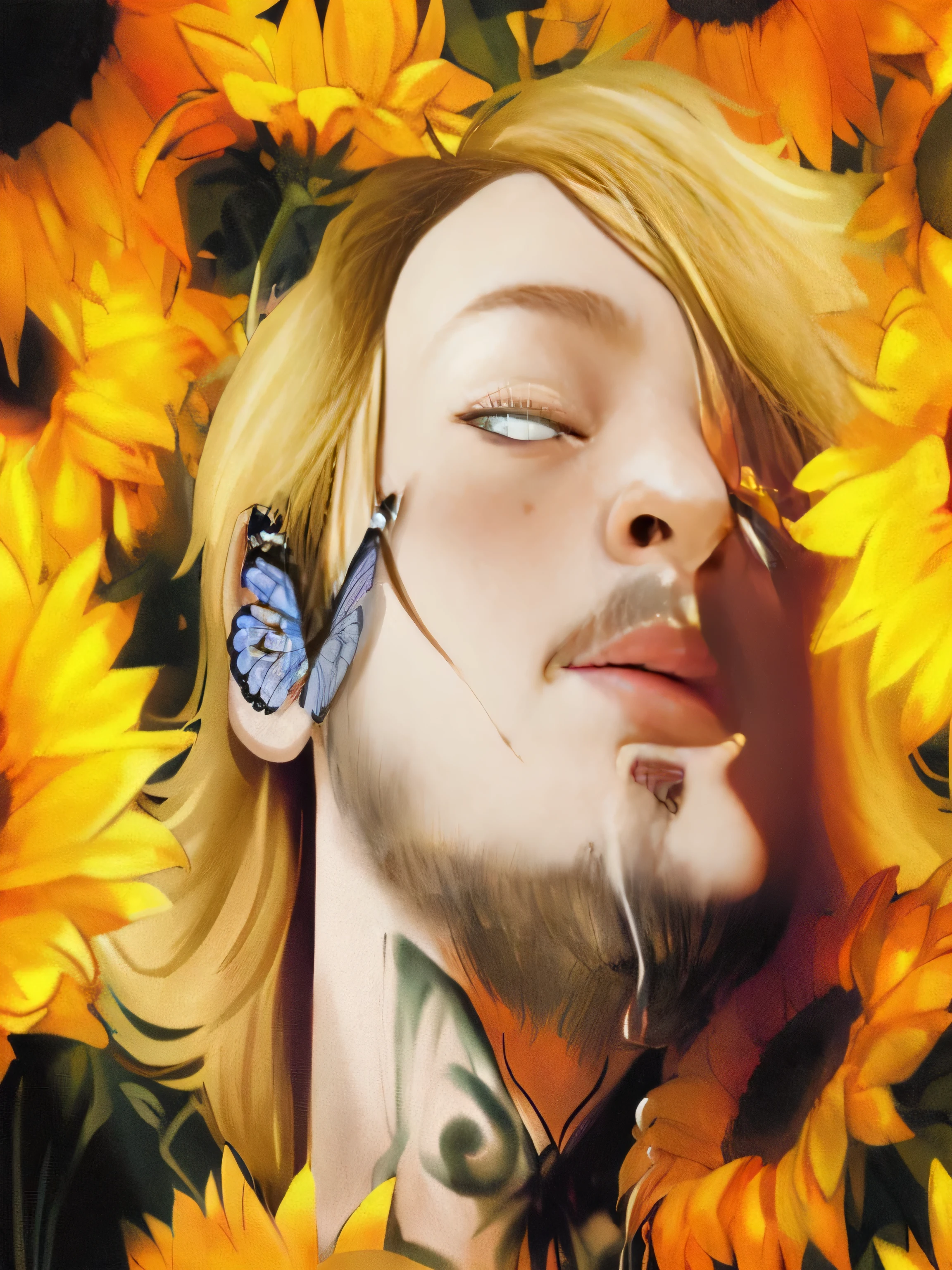 blond man with butterfly on forehead, face bruises, hurt, beaten in front of sunflors, sanji, album art, arte oficial, capa de arte, XQC, album art cover, official Admirador de arte, flor , Admirador de arte, alternative album cover, retrato do maluco Post Malone, John Liebert, colorful digital illustration, de arte, high quality Admirador de arte, inspirado em Kurt Trampedach