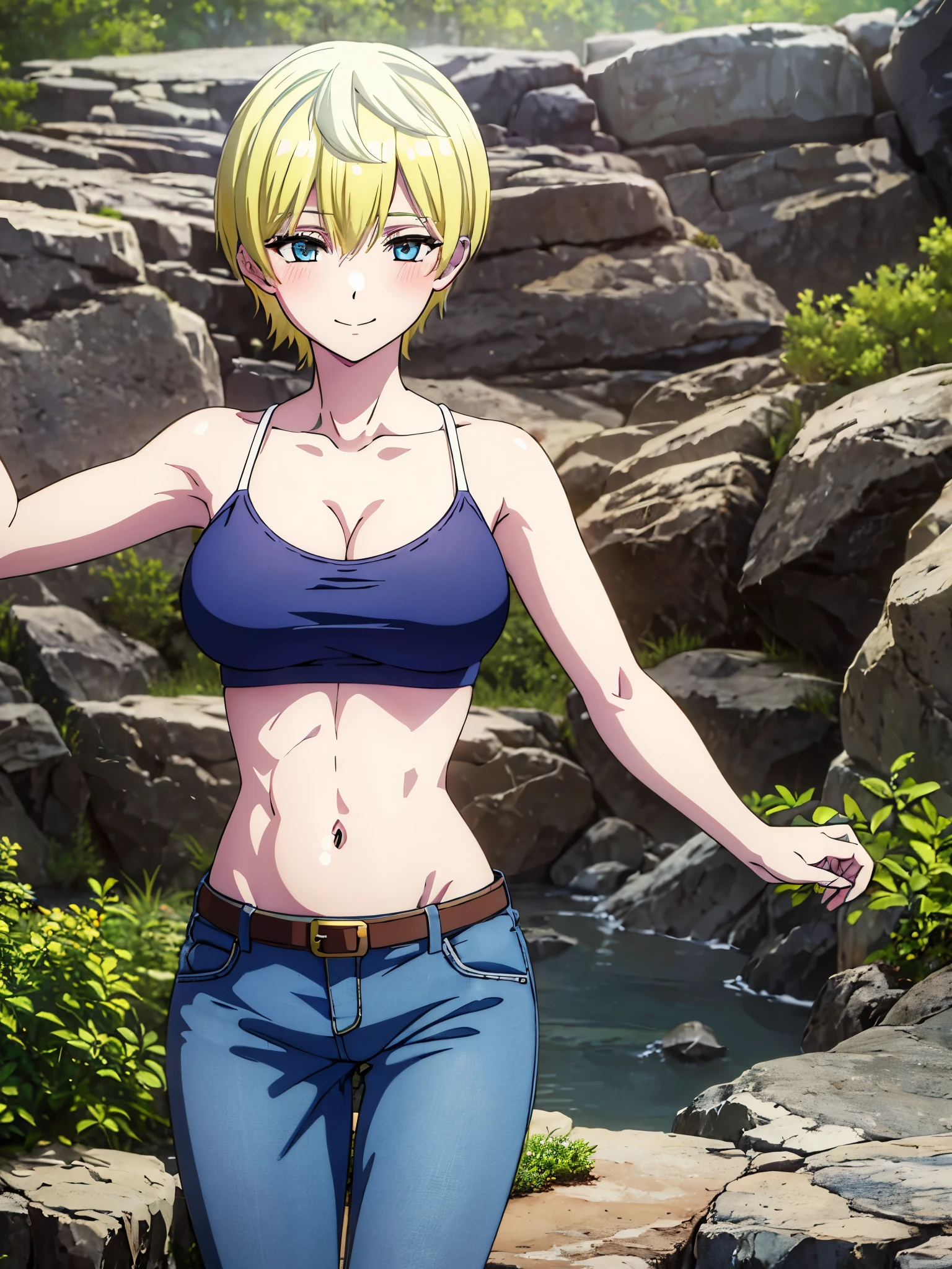 masterpiece, highres, solo, 8k, detailed, perfect face, best quality, (ultra high quality), looking viewers, armpit, collarbone, bare arm, big breast, cleavage, sideboob, yellow hair, light hair, short hair, blue eyes, belly, stomach, navel, abs, midriff, crop tanktop, denim short, mini short, slim body, smile, blush, upper body, at night 