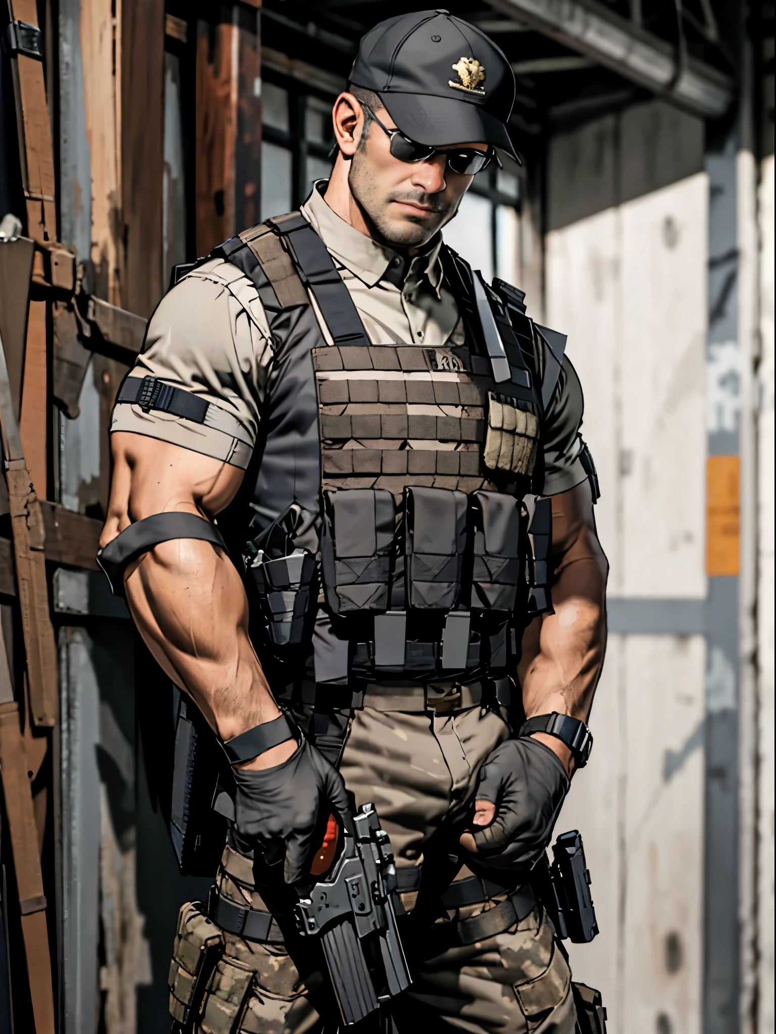 Muscular mercenary, assault vest, holding weapon, assault rifle