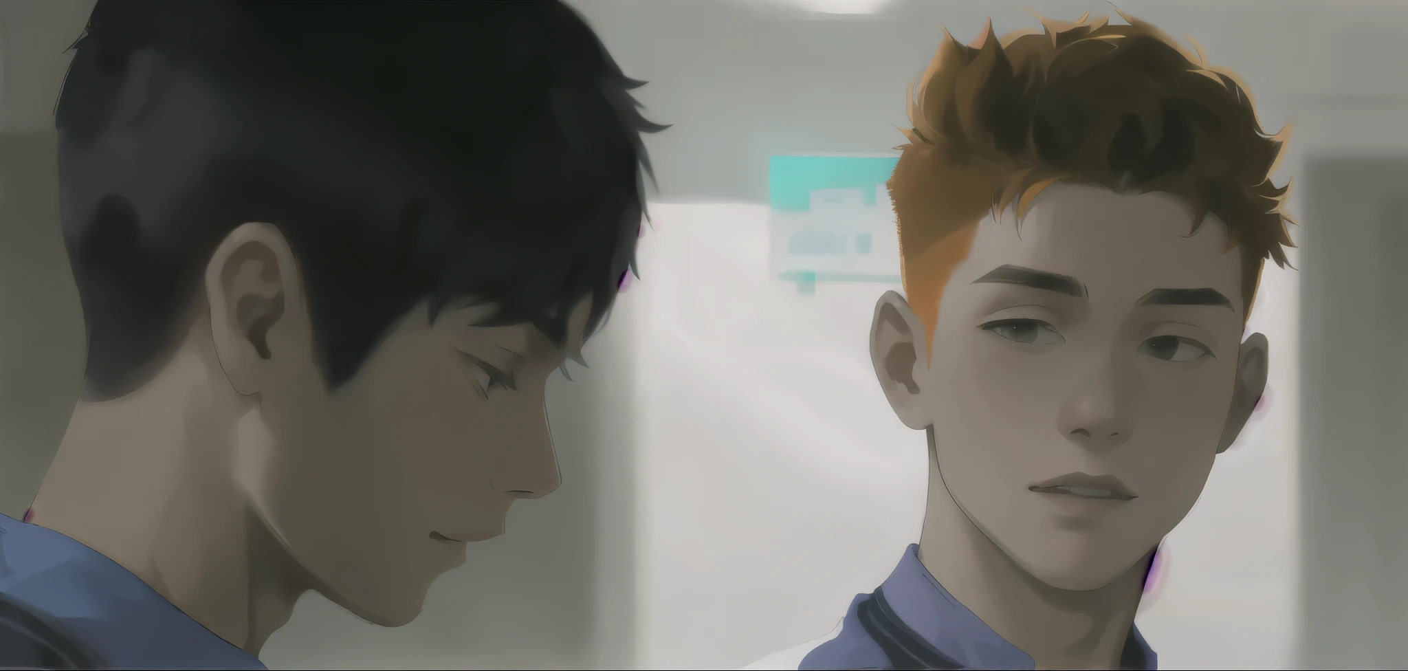 There are two boys, one in profile and the other looking at him, gray hair and orange hair, they are 16 years old.