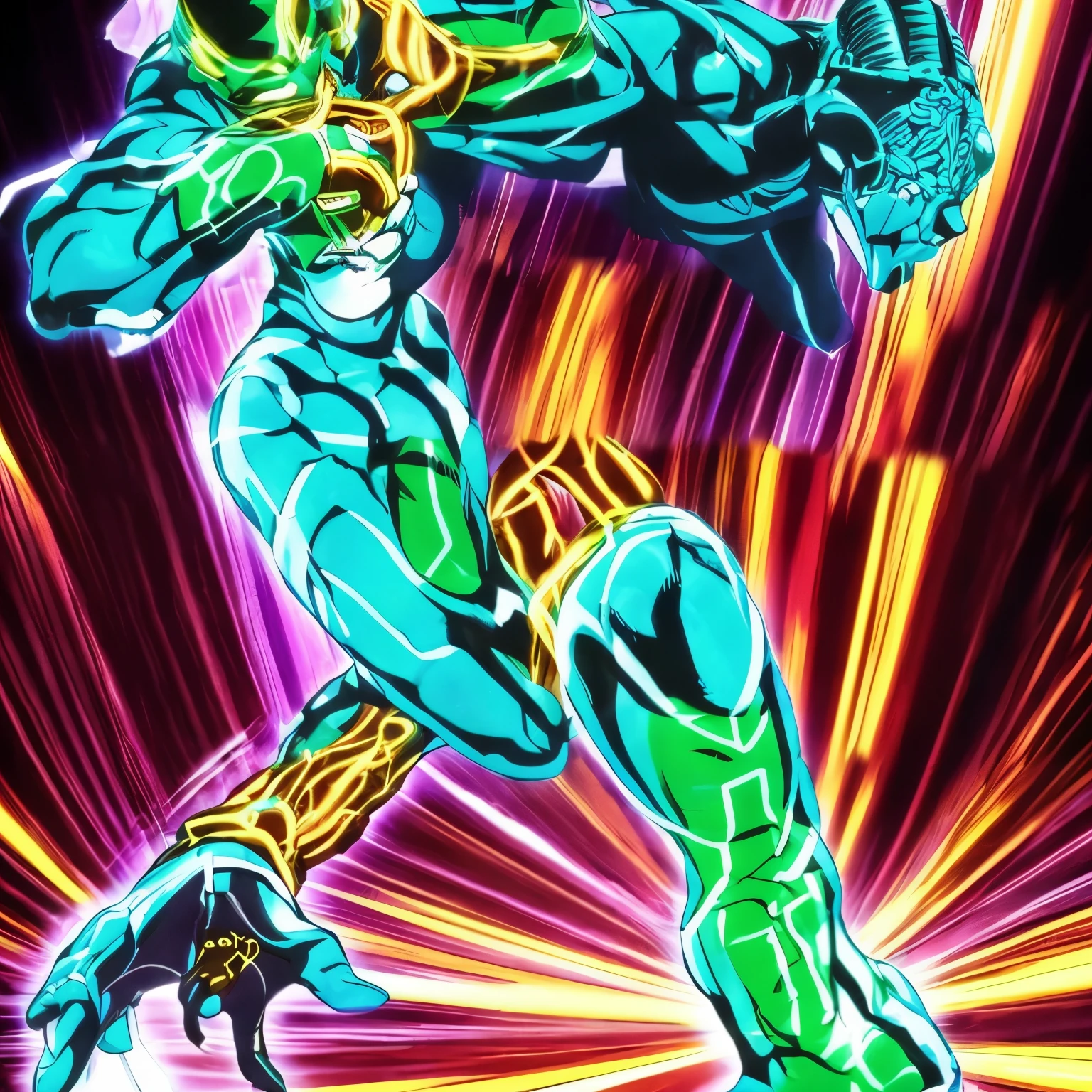 Damn Son is a stand like in the anime "jojos bizzare adventure", he manifests himself as a humanoid stand with neon-colored markings along his body that shine when moving. His face is surrounded by a dynamic pattern of light that resembles an ever-changing neon hologram.