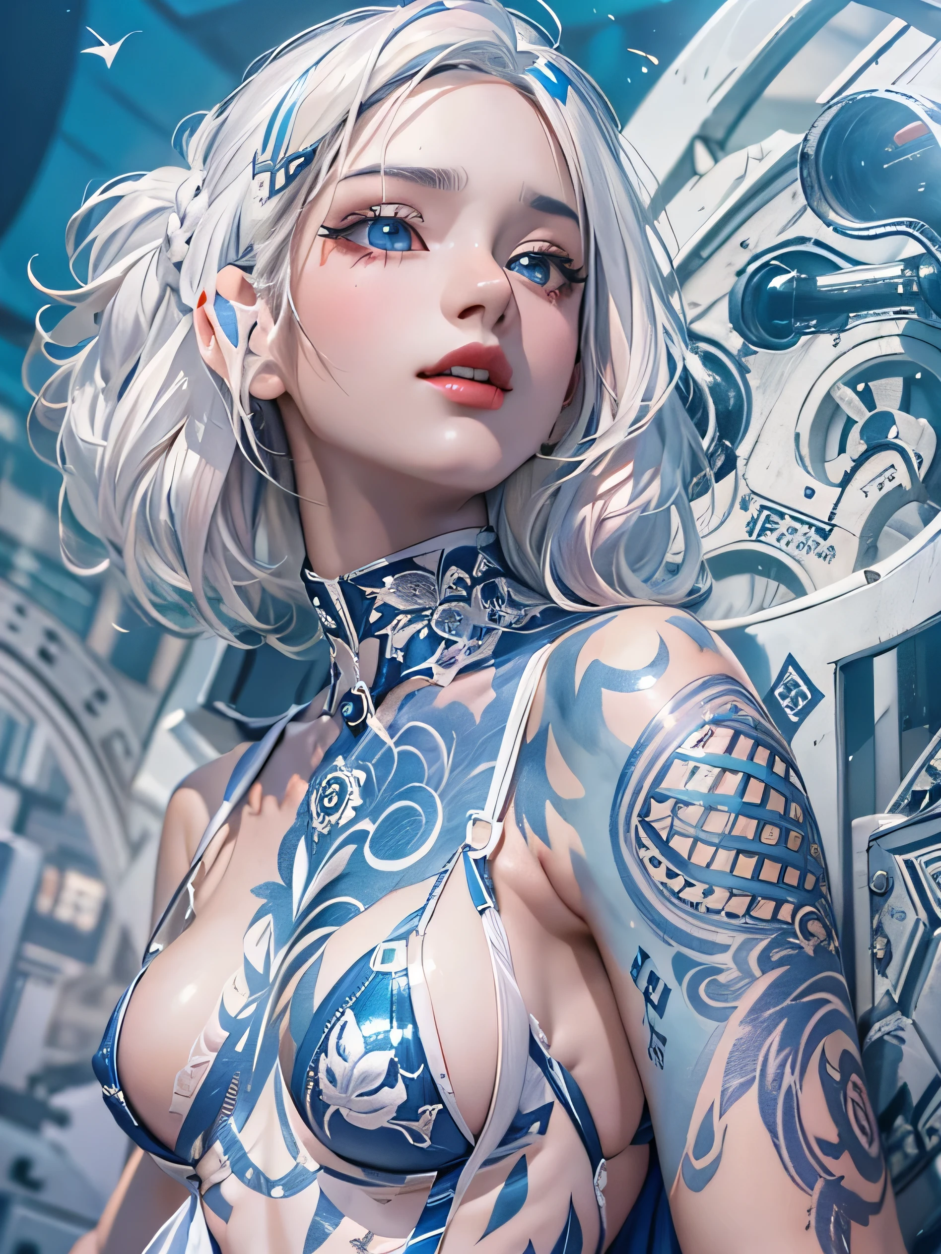 (photorealistic:1.8, highest quality:1.8,8K masterpiece:1.8,High resolution,muste piece:1.8,RAW Photos,cinematic lighting),No split screen, (1 android girl:1.3)、Completely naked、full body tattoo、beautiful big breasts、choker、Body painting with a pop design drawn all over the body、pop art design、cutting edge fashion、new york、special art design、nipple design、Ultra-detailed background depicting a beautiful future、Unknown world、art deco、Future、shine、conceptual art、(Beautiful shining blue-white hair:1.5)