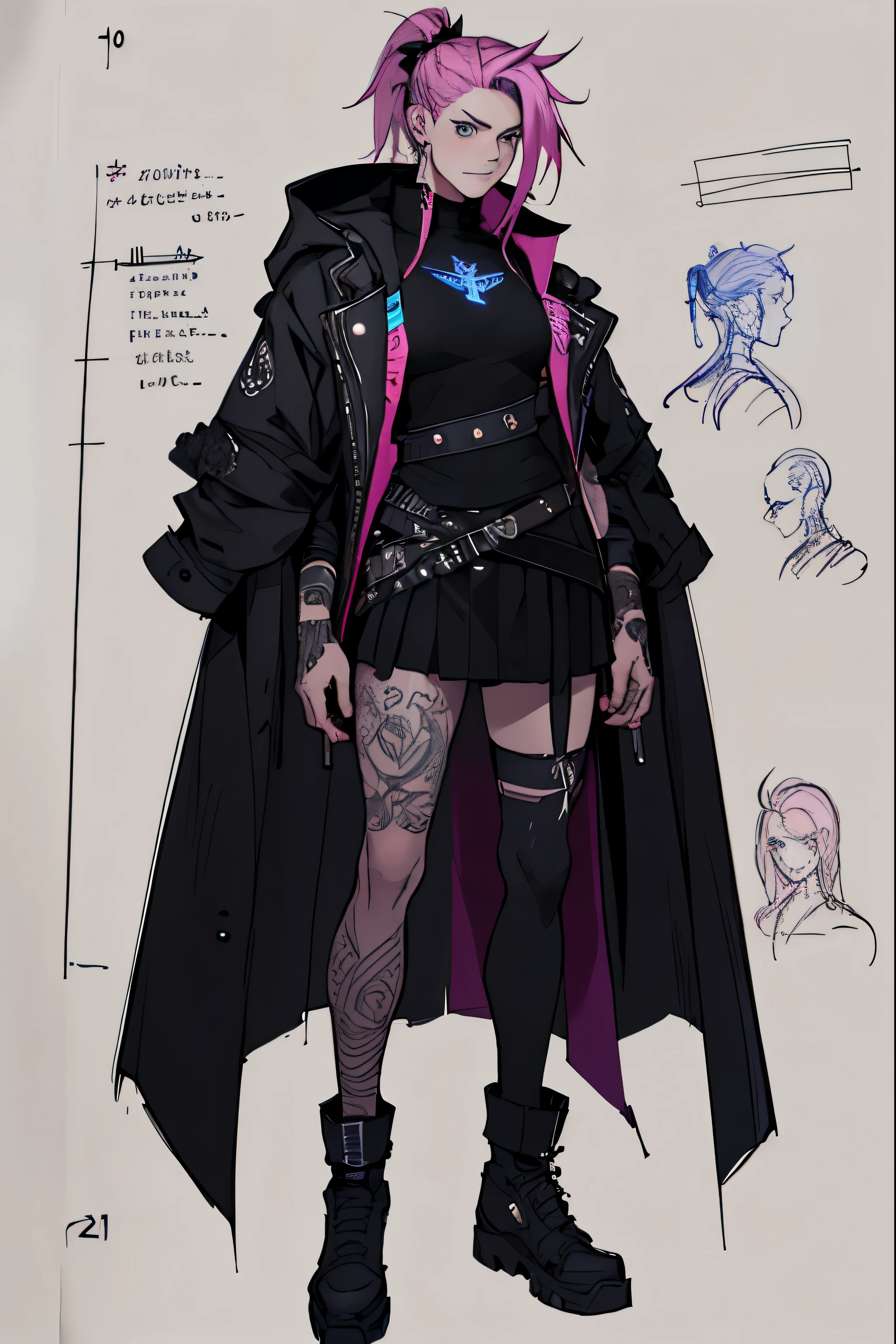 1 girl, Sidecut hair, jinx arcane, Sidecut hair, ager, rock jacket, black clothing, pink hair, light background, full body, long hair, teen, tribal tattoo, colorful parts, sketchbook, hand drawn hand, witch symbols, dark , bold, realistic sketch, sketch, mixing dark lines and loose lines, bold lines, on paper, turn on character sheet, human woman, blue eyes, full body, imposing pose, lots of details, stylish outfit, witch symbols, runes , dark theme , black shirt, beautiful, pretty, modest