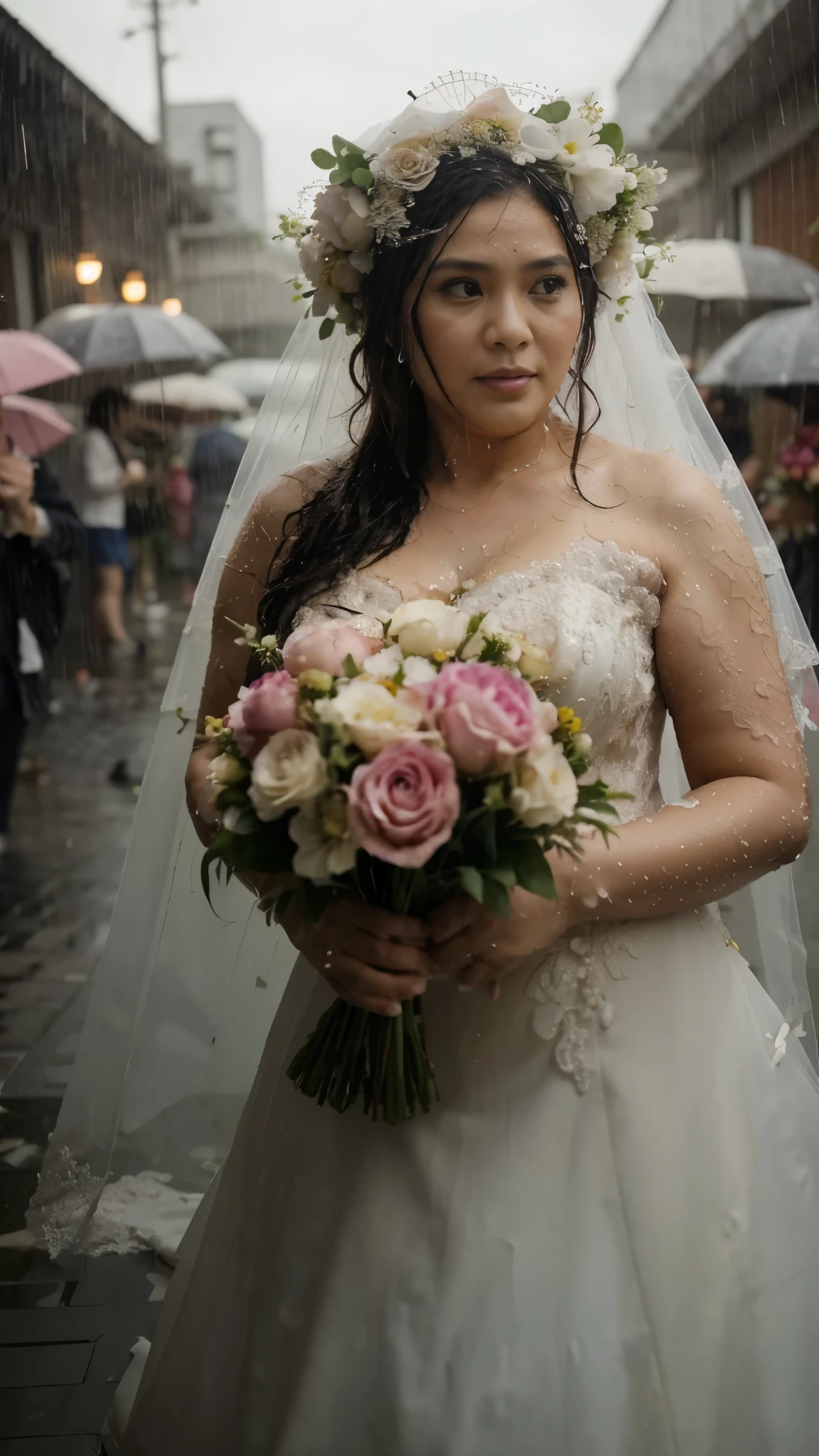 a Malaysian woman, 40 years old, plump, wearing a wedding dress, holding flowers, looks soaking wet, dress looks wet, dancing under heavy rain, rainy atmosphere, sharp focus,