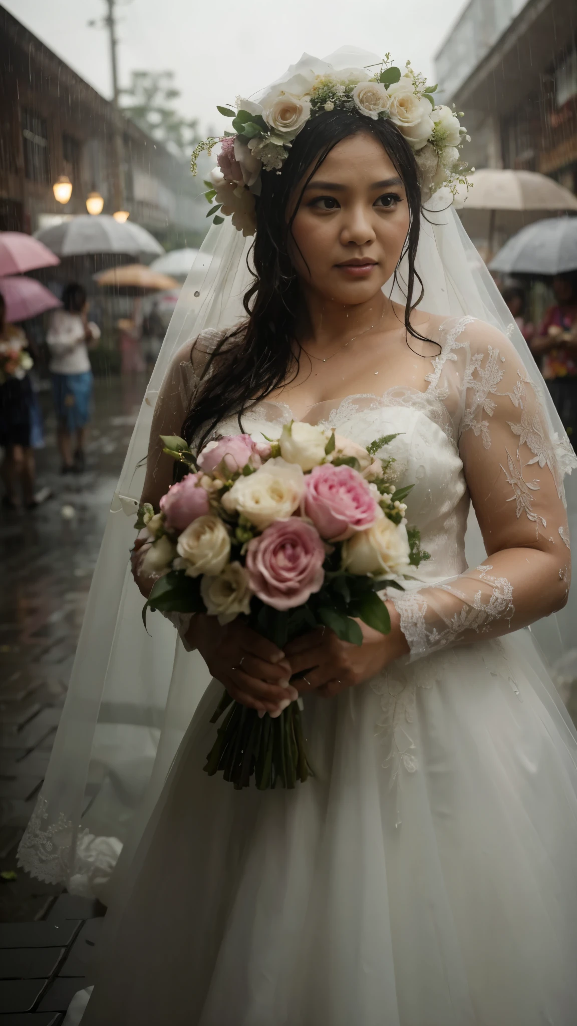 a Malaysian woman, 40 years old, plump, wearing a wedding dress, holding flowers, looks soaking wet, dress looks wet, dancing under heavy rain, rainy atmosphere, sharp focus,