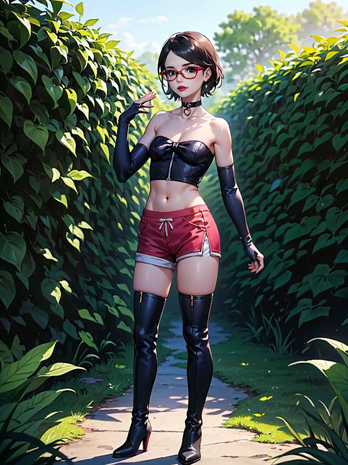 (1girl, solo, alone), (WakatsukiRisa, Sarada Uchiha, black hair, short hair, black eyes, red glasses), ((solo, (1woman, pink lipstick, ((small bust)), black eyes), Extremely detailed, ambient soft lighting, 4k, perfect eyes, a perfect face, perfect lighting, a 1girl)), ((detailed, (masterpiece:1.2), gloves, bow, navel, bare shoulders, closed mouth, standing, collarbone, outdoors, shorts, sleeveless, choker, black gloves, midriff, hand up, stomach, bare arms, short shorts, halterneck, black choker, elbow glove, velvet glove, red shorts, strapless dress, bush maze, bush wall, (half thigh, long stocking)),  high-heeled boots, high-heeled boots, thigh-high boots, thigh and beige skirt, high boots)
