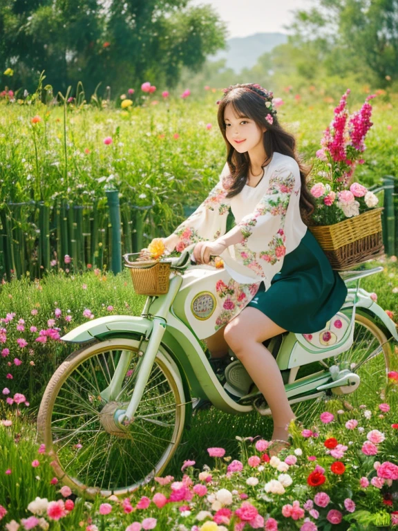 sea of flowers/Sea of flowers/sea of flowers.The wind blows the rose field.spring field scenery.Close-up of beautiful girl riding motorcycle with cat.There are flowers and kittens in the bamboo basket in front of the car.The background is a large colorful Sea of flowers.light tone.light gold color、high resolution细节、Bright and fresh colors.(best quality,4k,8k,high resolution,masterpiece:1.2),super detailed,There are clear roses in the foreground.Wide-angle lens, ultra high definition, anatomically correct, Super details, best quality