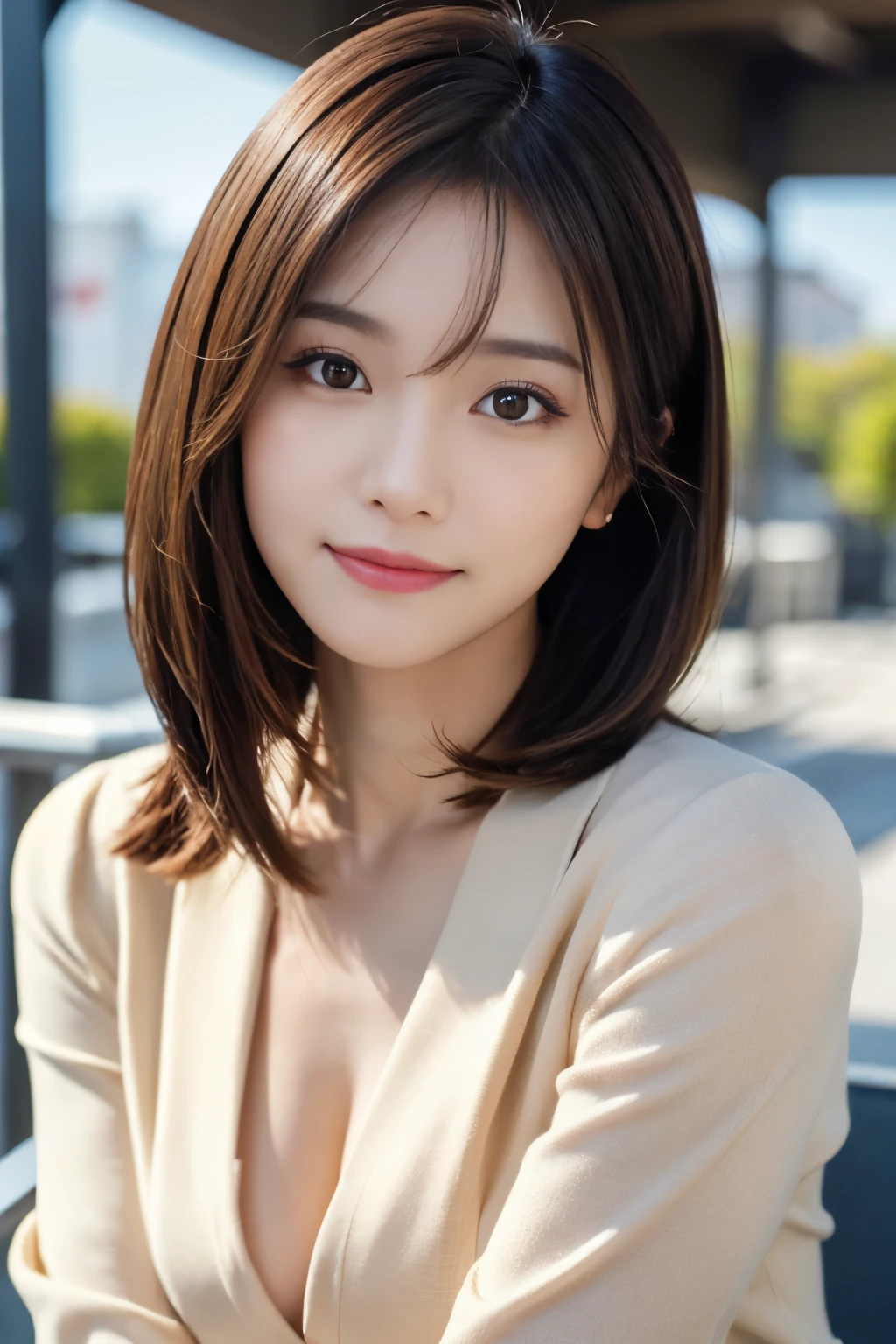 table top, highest quality, realistic, Super detailed, finely, High resolution, 8k wallpaper, cinematic lighting、1 person、beautiful japanese woman、30 years old、light brown straight bob hair, wearing a business suit, (blurred background、station platform、noon、sun light)、sharp focus, perfect dynamic composition, narrow eyes:1.5, detailed and beautiful eyes, fine hair, Detailed and realistic skin texture, (happy smile), (head tilt), close-up portrait, model body shape