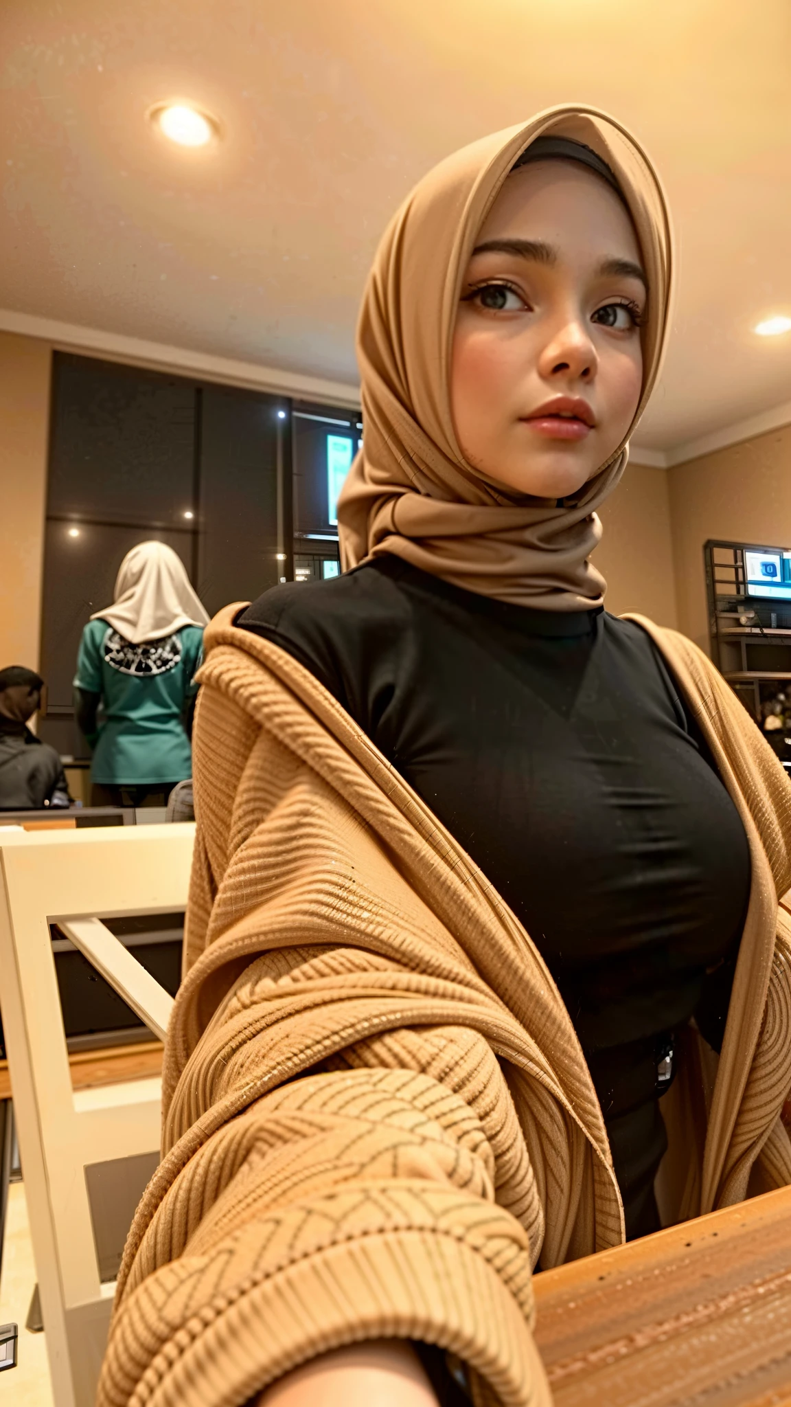 masterpiece, (ultra-high-definition portrait, vignet:1.4), Realistic, extremely detailed, CG unified, 8k, Clean lines, highly detailed, High-definition, raw color photos, Realistic portrait, Cinematic Light, Beautiful detailed, (1hijabgirl, indonesian:1.5), (165cm tall, big breasts with lips like she wants to kiss:1.5), Beautiful big breasts, breasts details, very tight, (Biggorgeous breast, Angry Face:1.5), (Angry Face, Big Breast:1.4), Close up of a girl in Beautiful clothes with errected nipple, biggorgeous breast, Soft smile, scarf, (Bombastic Side Eyes with curvaceous body:2), pose 4 of 1 6, Undress, No bra, (nipples that are clearly sticking out detail:1.2), Outdoors, high intricate detailed.