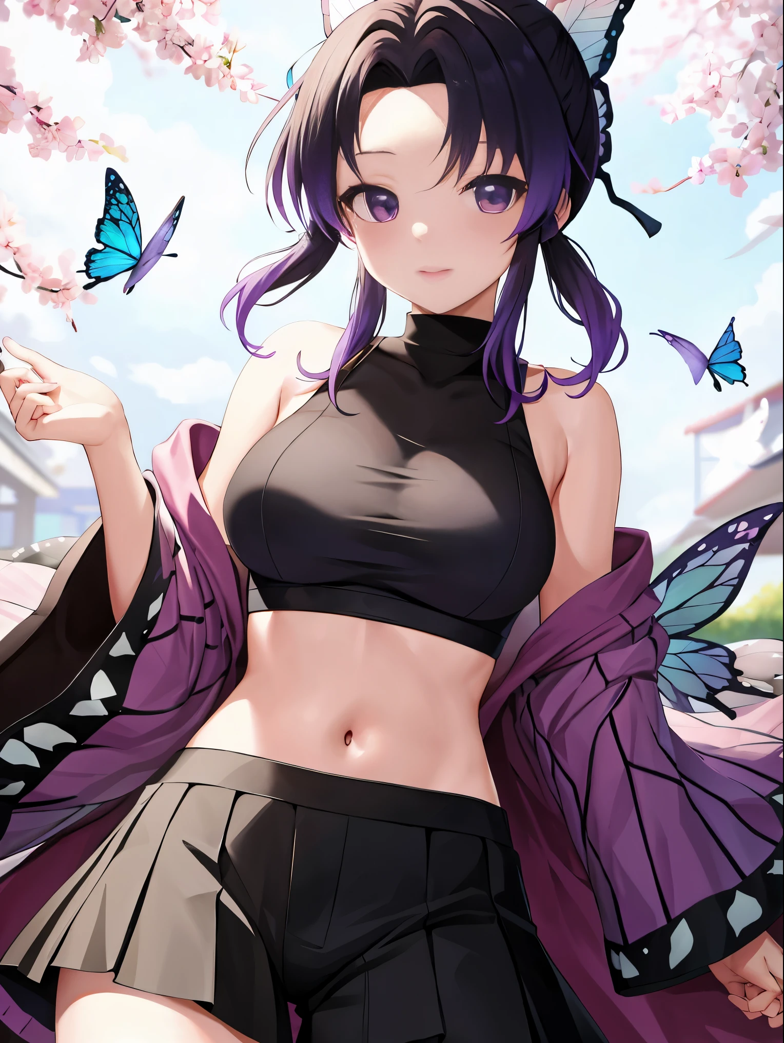 masutepiece, Best Quality, hight resolution, 1girl in, solo, kochou shinobu, Decorate your hair with butterflies, violet eyes, Multi-colored hair, Short hair, Parted bangs, Short shorts, open one's legs, Skirt, Turtleneck Top, Navel Ejection, outside of house, Erotica, large full breasts, Sateen, show through, Black pants