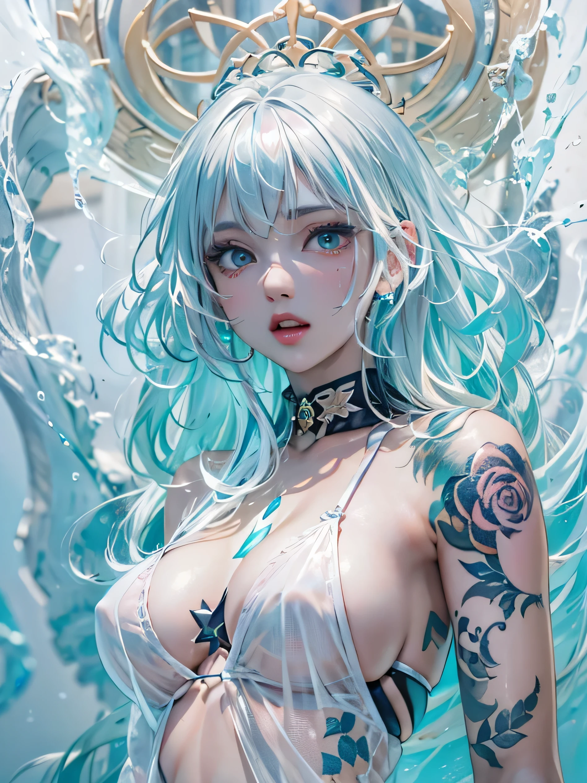 (photorealistic:1.8, highest quality:1.8,8K masterpiece:1.8,High resolution,muste piece:1.8,RAW Photos,cinematic lighting),No split screen, (1 android girl:1.3)、Completely naked、full body tattoo、beautiful big breasts、choker、Nipple piercing、beautiful butt,beautiful thighs,plump nipples、Nipples are visible through the costume,cameltoe,Body painting with a pop design drawn all over the body、pop art design、cutting edge fashion、new york、special art design、nipple design、Ultra-detailed background depicting a beautiful future、Unknown world、art deco、Future、shine、conceptual art、(Beautiful shining blue-white hair:1.5)、Impassive