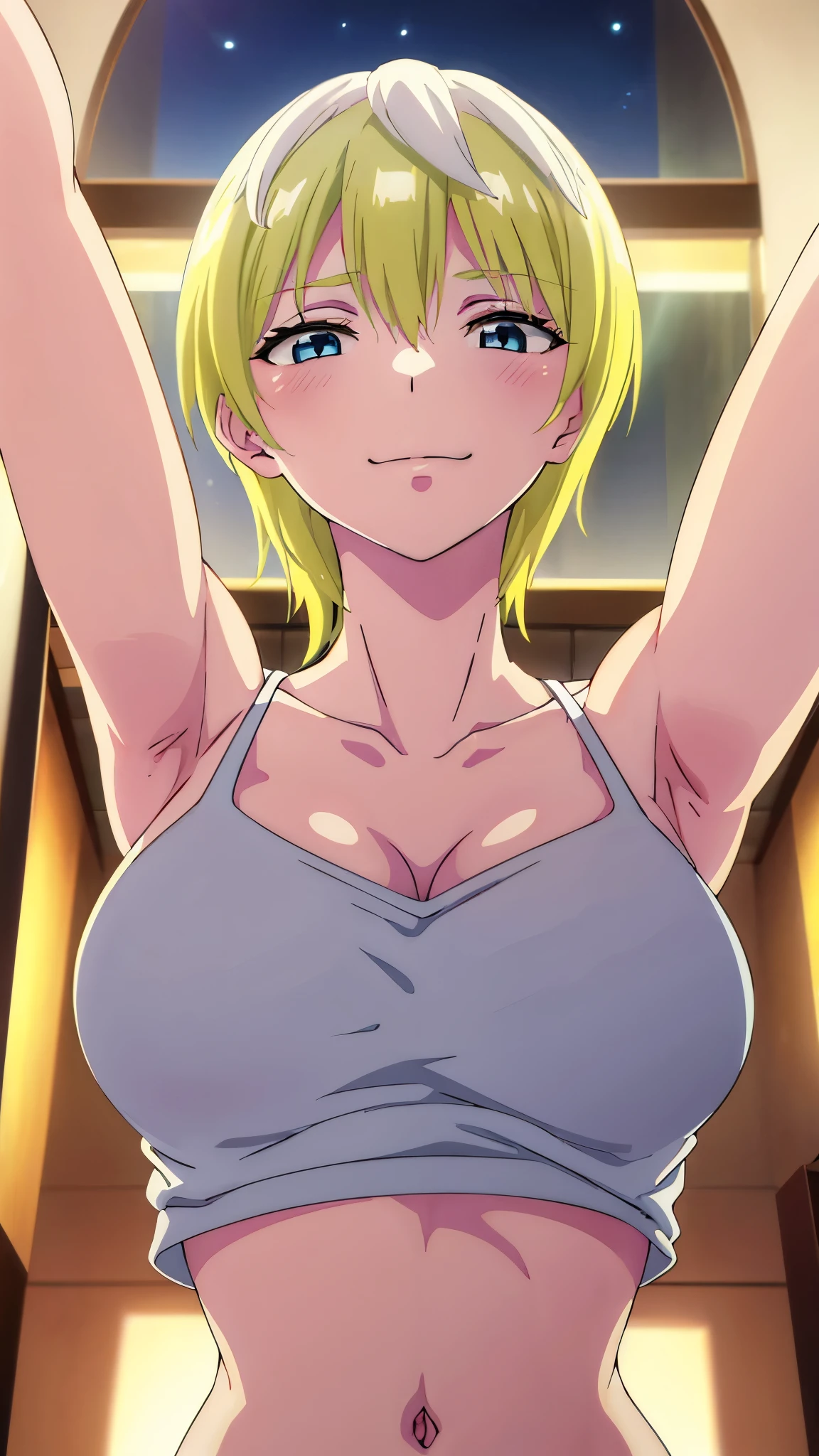 bottom view perspective, looking from bottom, masterpiece, highres, solo, 8k, detailed, perfect face, best quality, (ultra high quality), looking viewers, armpit, hands up, collarbone, bare arm, big breast, cleavage, sideboob, yellow hair, light hair, short hair, blue eyes, belly, stomach, navel, abs, midriff, crop tanktop, denim short, mini short, slim body, smile, blush, upper body, at night 