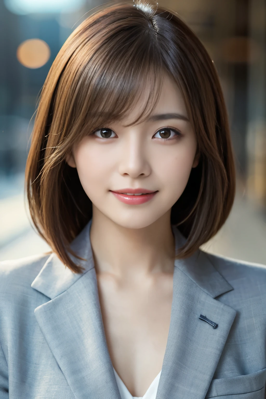 table top, highest quality, realistic, Super detailed, finely, High resolution, 8k wallpaper, cinematic lighting、1 person、beautiful japanese woman、30 years old、light brown straight bob hair, wearing a business suit, (blurred background、station platform、noon、sun light)、sharp focus, perfect dynamic composition, narrow eyes:1.5, detailed and beautiful eyes, fine hair, Detailed and realistic skin texture, (happy smile:1.3), (head tilt), close-up portrait, model body shape