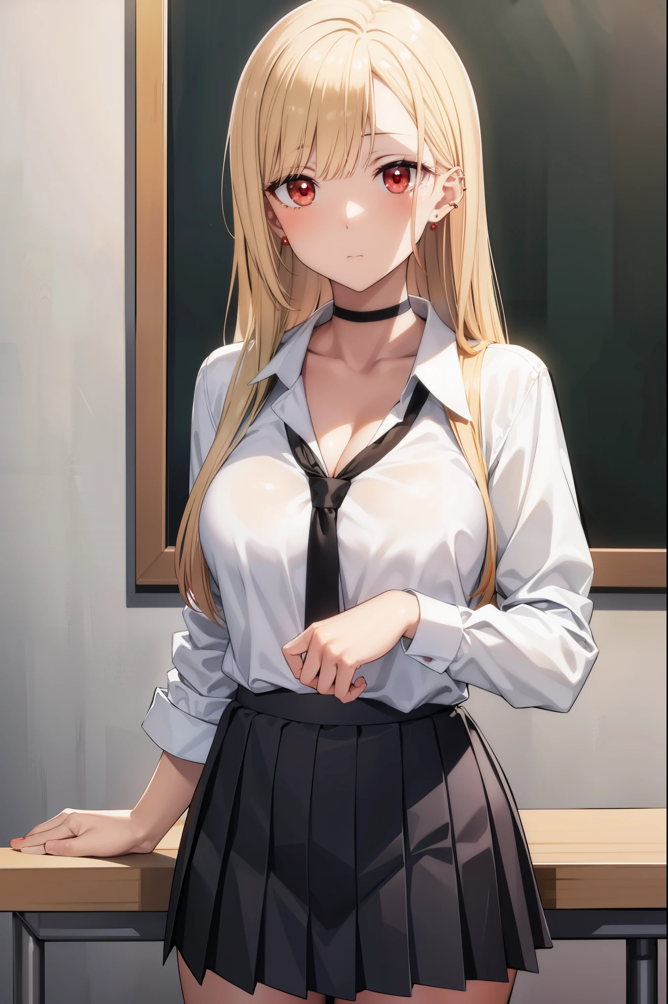 marinkitagawa, marin kitagawa, blonde hair, choker, ear piercing, earrings, long hair, piercing, (red eyes:1.5), straight hair, swept bangs,
BREAK black necktie, long sleeves, pleated skirt, , shirt, skirt, sleeves rolled up, white shirt, cleavage,
BREAK indoors, classroom,
BREAK looking at viewer,
BREAK (masterpiece:1.2), best quality, high resolution, unity 8k wallpaper, (illustration:0.8), (beautiful detailed eyes:1.6), extremely detailed face, perfect lighting, extremely detailed CG, (perfect hands, perfect anatomy),