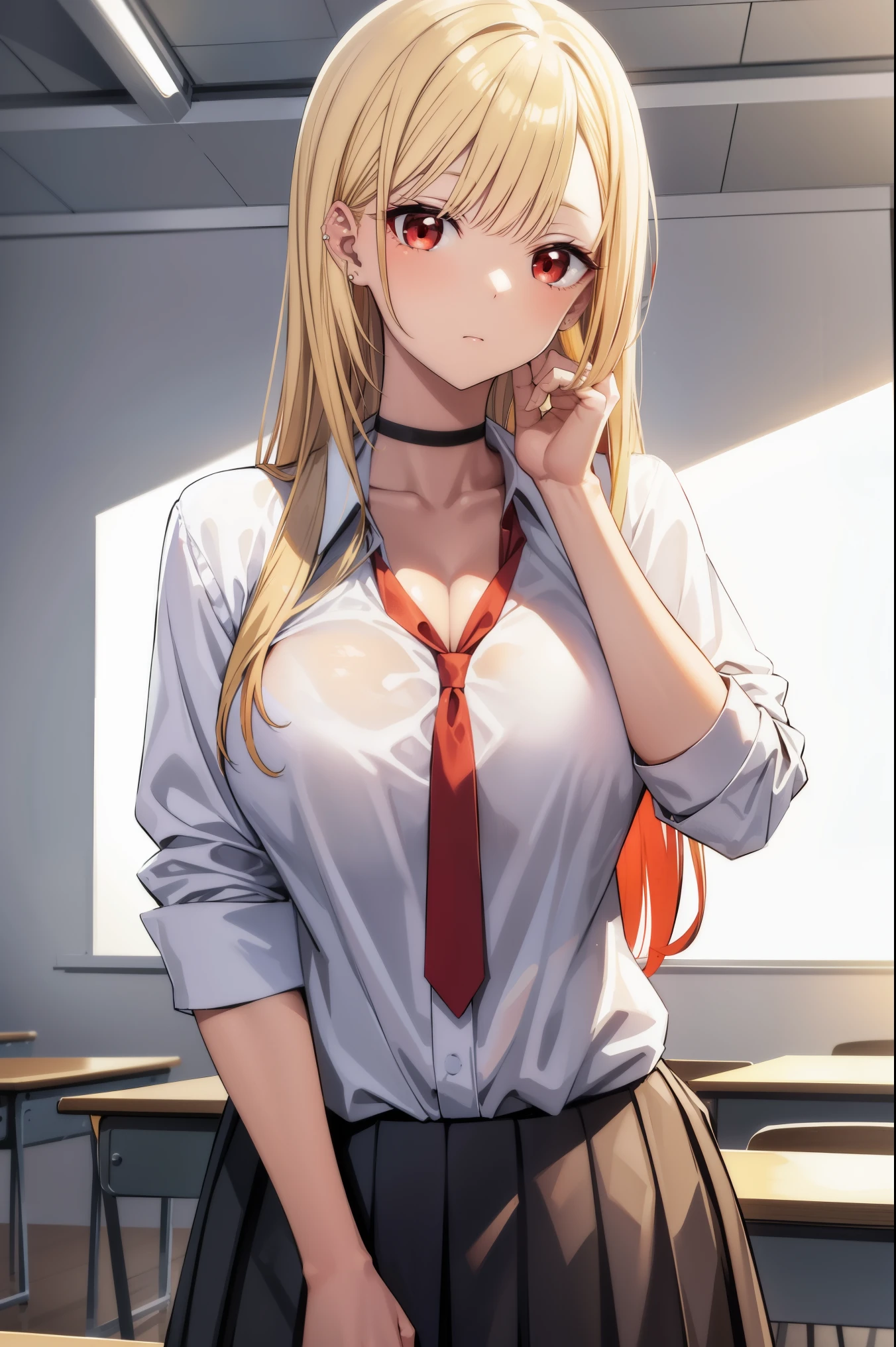 marinkitagawa, marin kitagawa, blonde hair, choker, ear piercing, earrings, long hair, piercing, (red eyes:1.5), straight hair, swept bangs,
BREAK black necktie, long sleeves, pleated skirt, , shirt, skirt, sleeves rolled up, white shirt, cleavage,
BREAK indoors, classroom,
BREAK looking at viewer,
BREAK (masterpiece:1.2), best quality, high resolution, unity 8k wallpaper, (illustration:0.8), (beautiful detailed eyes:1.6), extremely detailed face, perfect lighting, extremely detailed CG, (perfect hands, perfect anatomy),