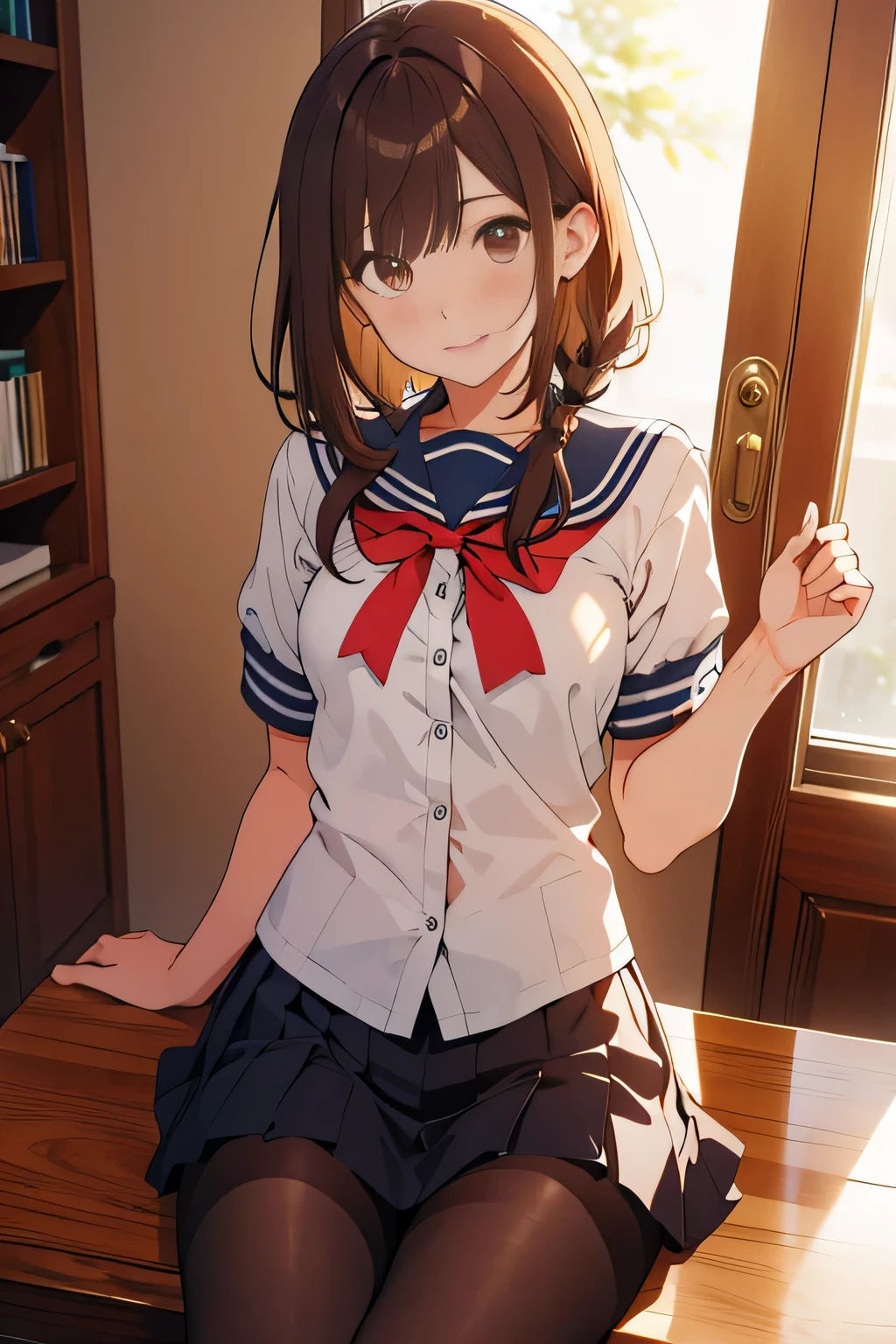 (melhor qualidade,mesa:1.2),(estilo anime,Comics Core:1.1),1 garota em,estilo fofo,adorable,olho extremamente detalhado,rosto extra detalhado,cabelo com muito detalhe,Sobre Hipder,8k,resolution,High school girl,Uniforme de marinheiro, medium brown hair, olhos castanhos, sardas