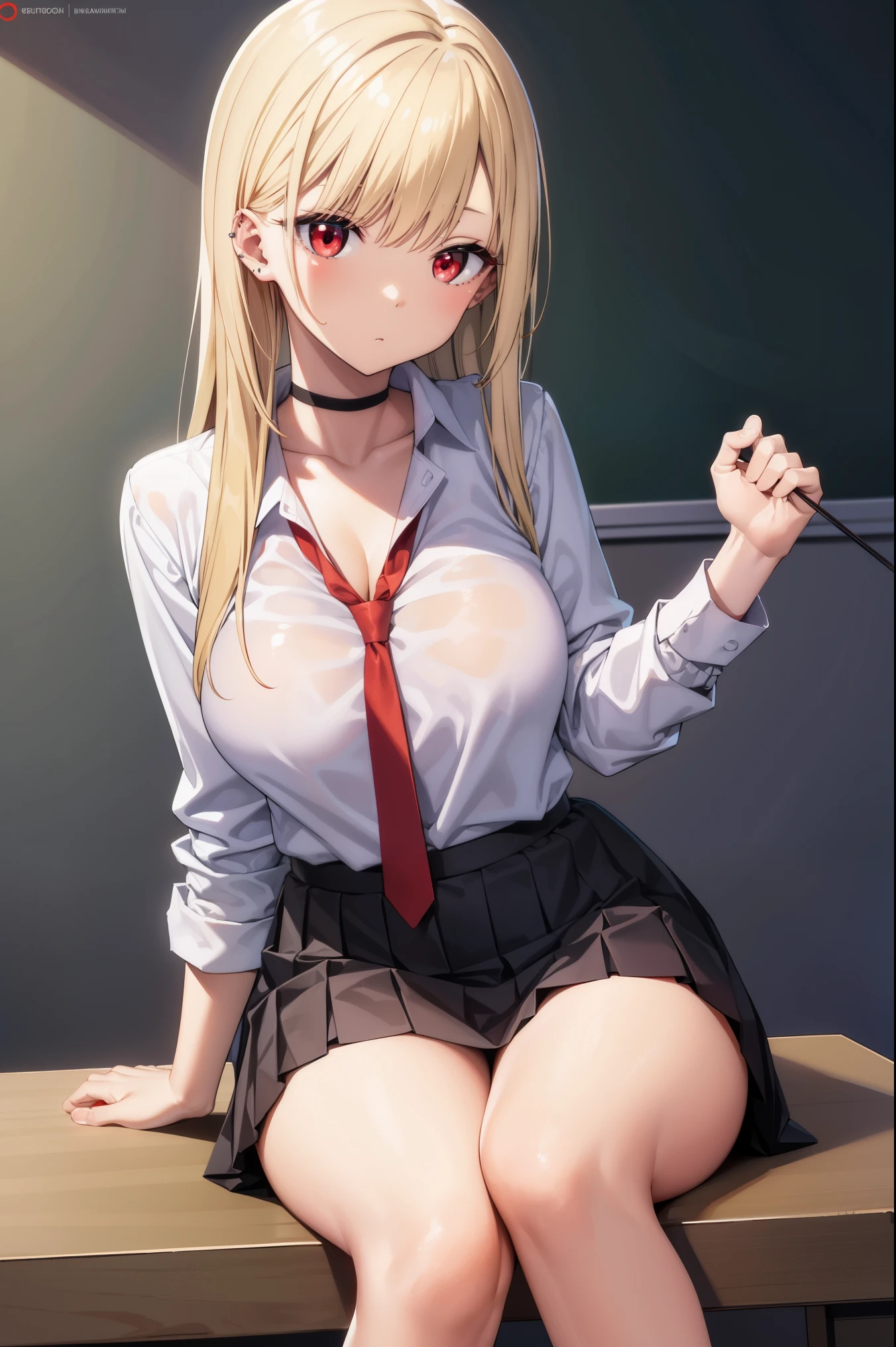 marinkitagawa, marin kitagawa, blonde hair, choker, ear piercing, earrings, long hair, piercing, (red eyes:1.5), straight hair, swept bangs,
BREAK black necktie, long sleeves, pleated skirt, , shirt, skirt, sleeves rolled up, white shirt, cleavage,
BREAK indoors, classroom,
BREAK looking at viewer, 
BREAK (masterpiece:1.2), best quality, high resolution, unity 8k wallpaper, (illustration:0.8), (beautiful detailed eyes:1.6), extremely detailed face, perfect lighting, extremely detailed CG, (perfect hands, perfect anatomy),