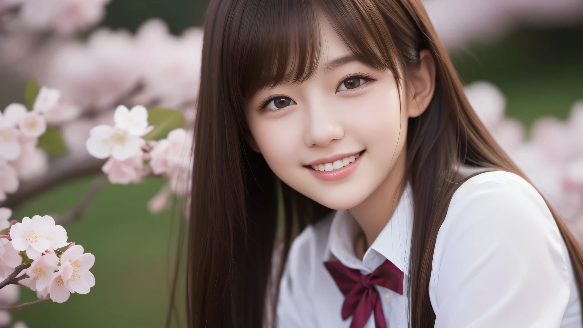 1girl, (long hair), cute smile, brown eyes, (highly detailed Beautiful face), (high school uniform:1.2), (Best Quality), (extremely detailed CG unified 8k wallpaper), Highly detailed, High-definition raw color photos, Professional Photography, Realistic portrait, evening, Extremely high resolution, smiling, cherry blossoms,
