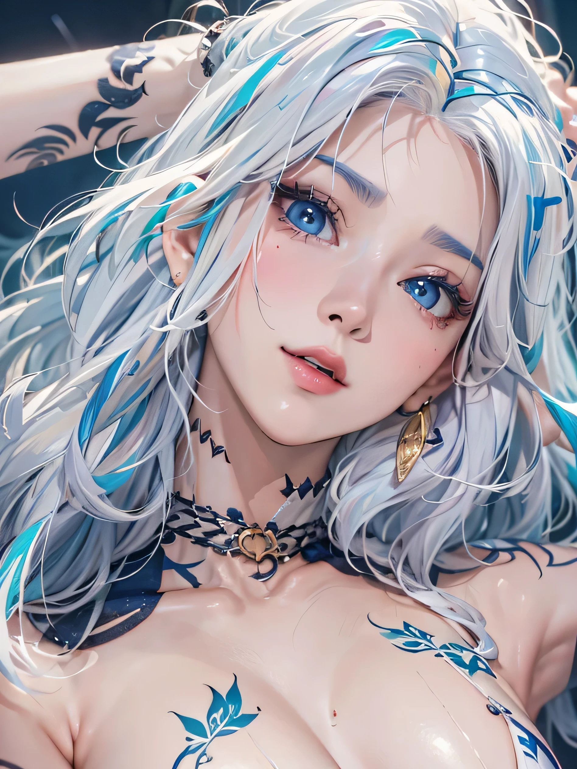 (photorealistic:1.8, highest quality:1.8,8K masterpiece:1.8,High resolution,muste piece:1.8,RAW Photos,cinematic lighting),No split screen, (1 android girl:1.3)、Completely naked、full body tattoo、beautiful big breasts、choker、Nipple piercing、Kimono、beautiful butt,beautiful thighs,plump nipples、Nipples are visible through the costume,cameltoe,Body painting with a pop design drawn all over the body、pop art design、cutting edge fashion、conceptual art、(Beautiful shining blue-white hair:1.5)、Impassive