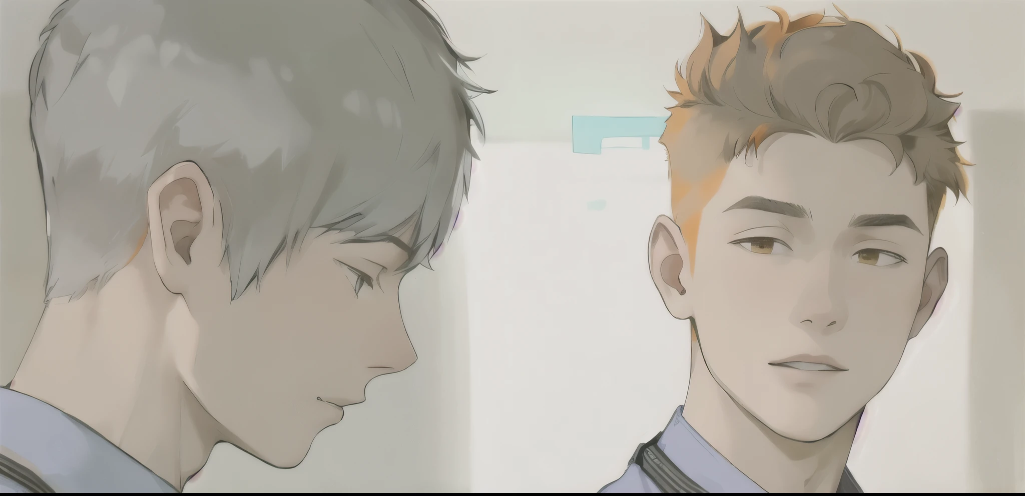 There are two boys, one in profile and the other looking at him, gray hair and orange hair, they are ************.